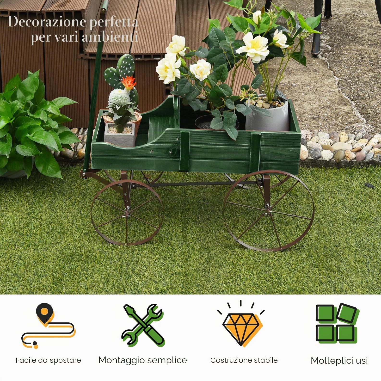 HOMASIS Carriola da Giardino in Legno, Carretto per Piante con Ruote Metalliche e 2 Scomparti, Vaso a Forma di Monociclo Decorativo per Giardino, Terrazza, Patio, 63x35x62,5cm (Verde)