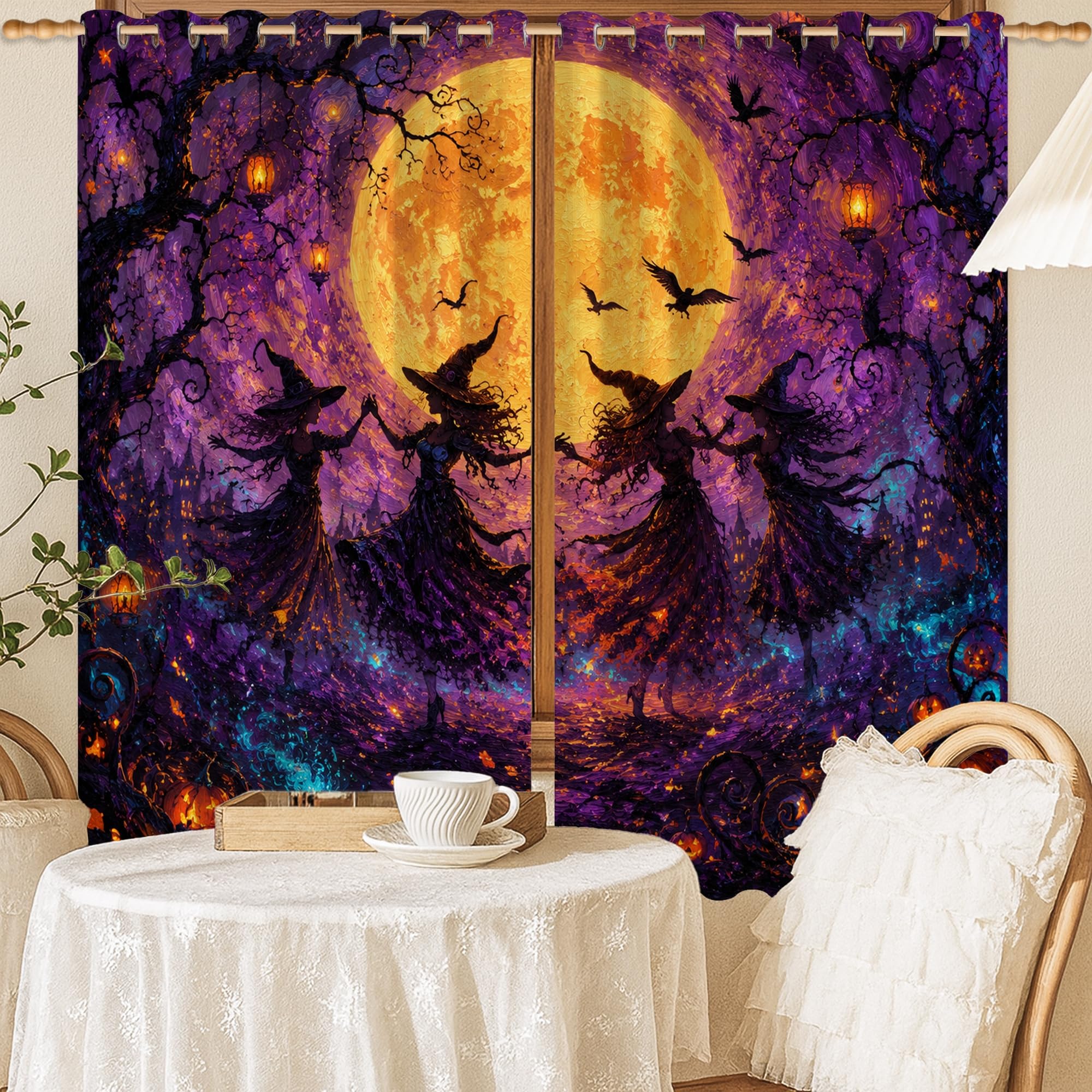 Rideaux occultants fantaisie Halloween sorcière lune chauve-souris violet