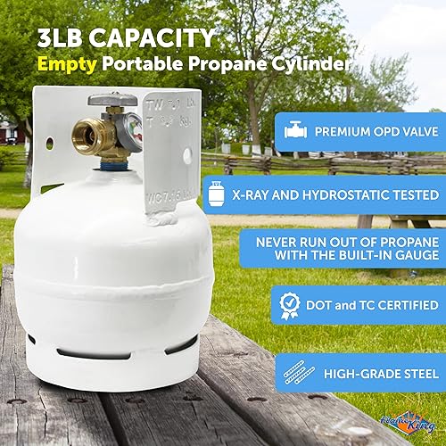 Miniatura 2 de Flame King 3LB - Cilindro de tanque de propano de acero vacío de 3 libras con manómetro y válvulas OPD para parrillas y barbacoas, camping, pesca