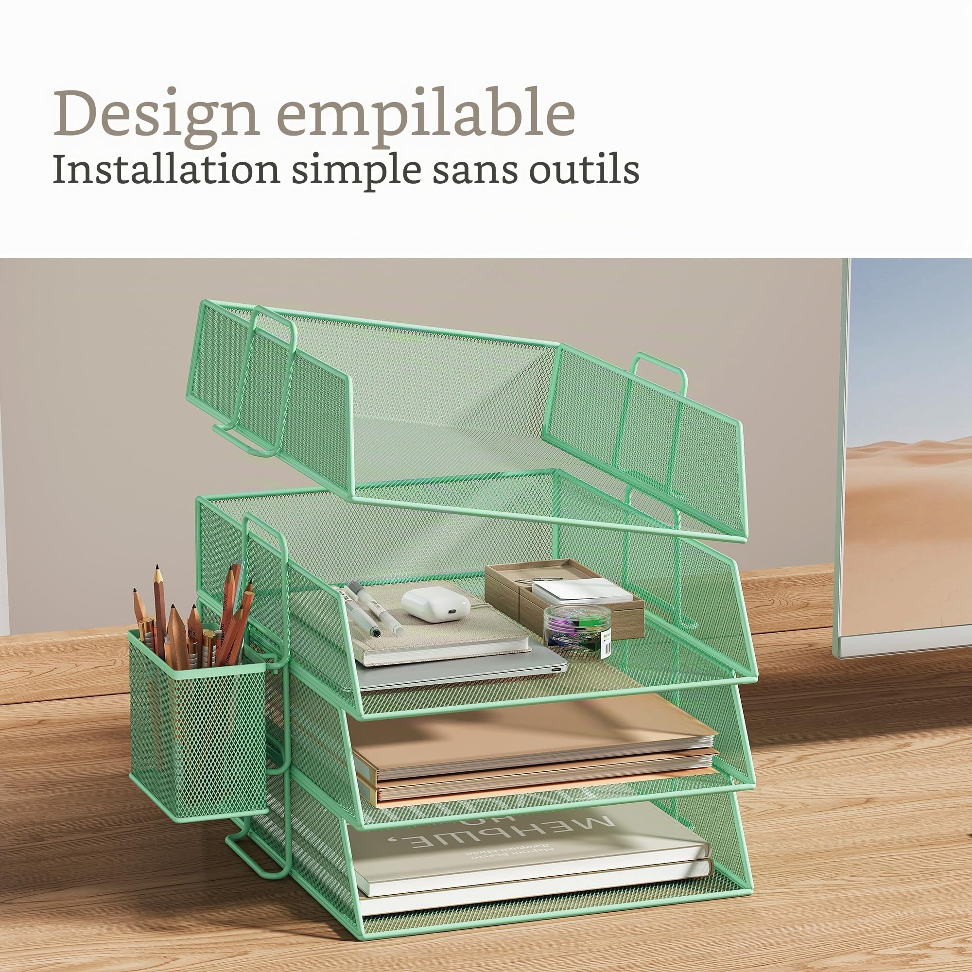 Corbeille à courrier empilable à 4 Niveaux pour Bureau, Organiseur de Bureau, bacs à dossiers pour Accessoires de Bureau, Accessoires pour courrier avec Porte-Stylo - Vert