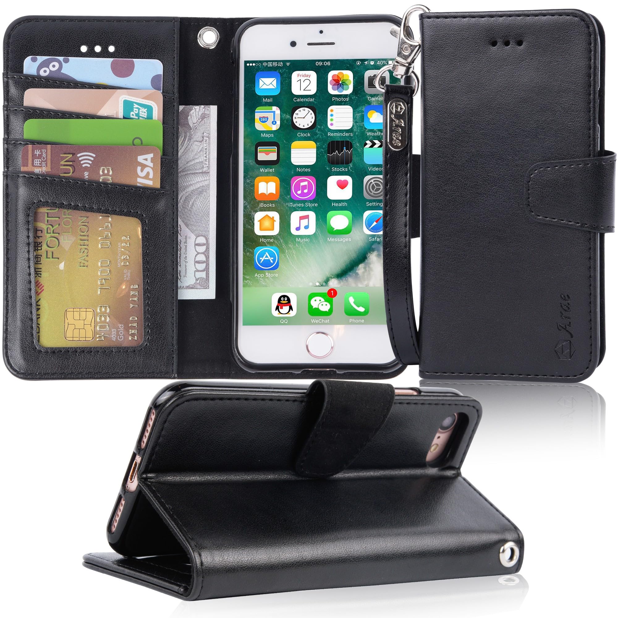 Arae Case for iPhone SE 2022 / iPhone SE 2020 / iPhone 8 / iPhone 7, Wallet Case with Card Holder PU Leather Flip Cover, Black