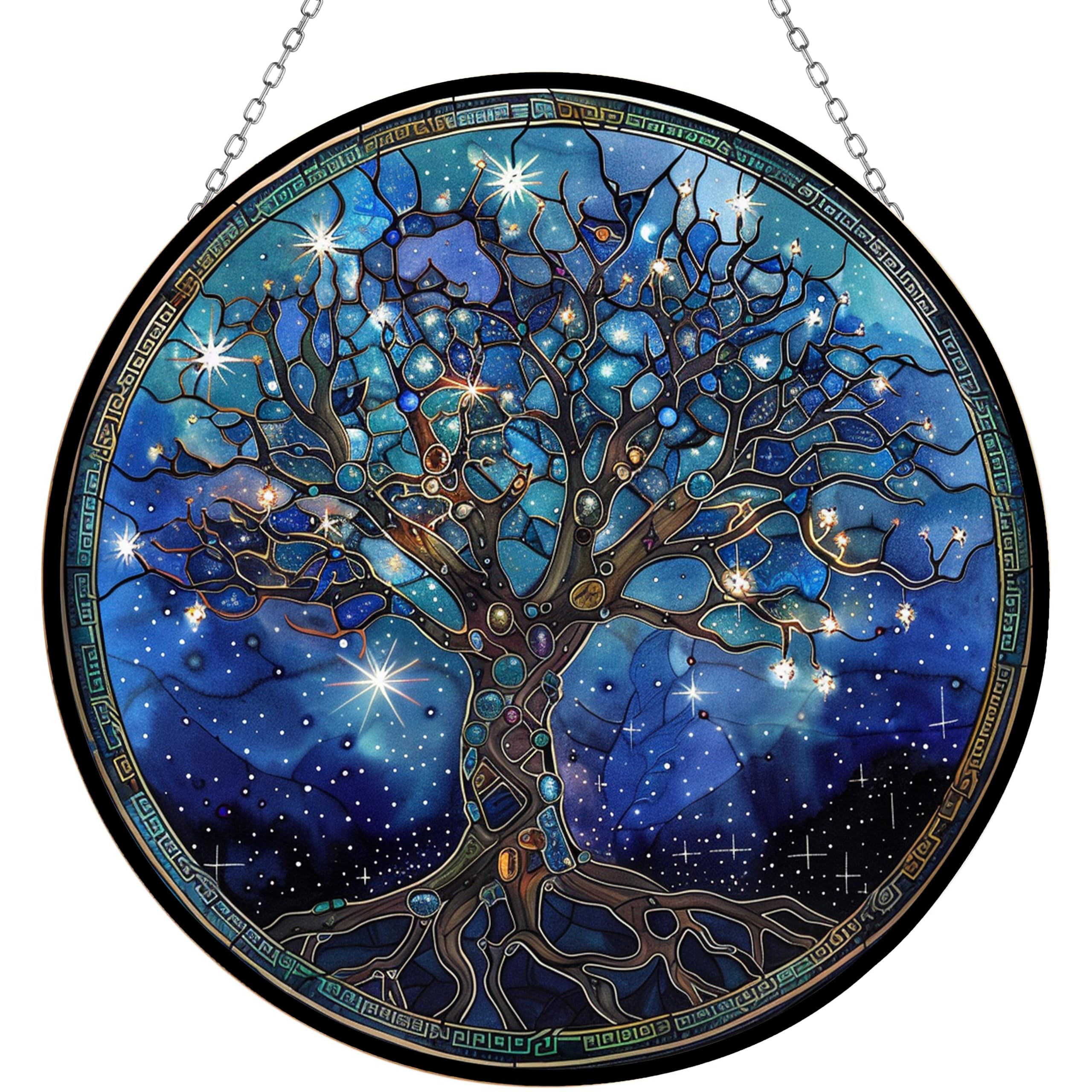 365CUSGIFTS Tree of Life Stained Glass Window Hangings, Cat Butterfly Sunflower Handcrafted Stained Glass Suncatchers, Gift for Cat Lovers Nature Lovers (12”x12”)