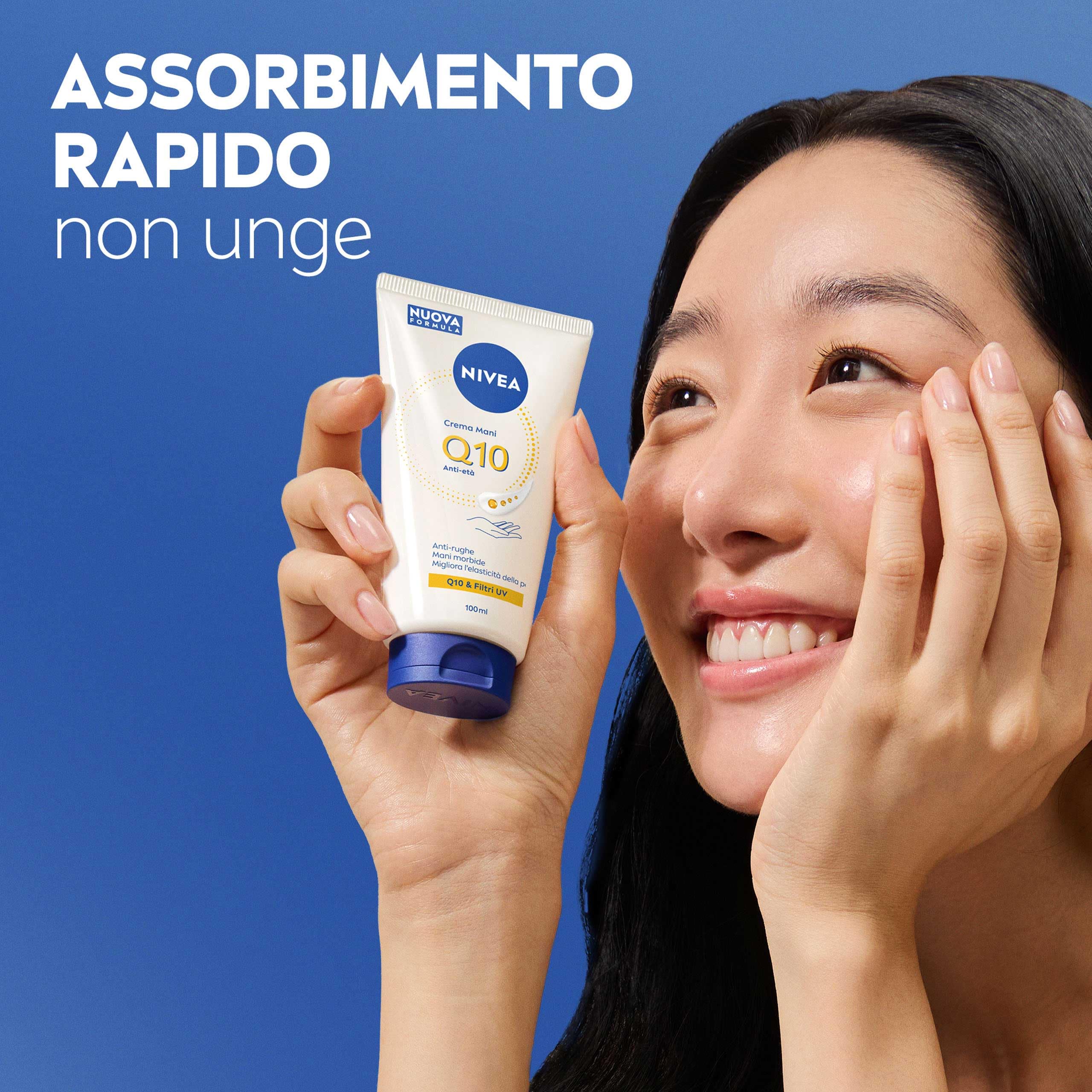 NIVEA Q10 Crema Mani Anti-Età 100 ml, Crema mani antiage e idratante 48h, Hand cream antirughe con Coenzima Q10 e Filtri UV, Migliora l'elasticità, Assorbimento rapido, Per tutti i tipi di pelle