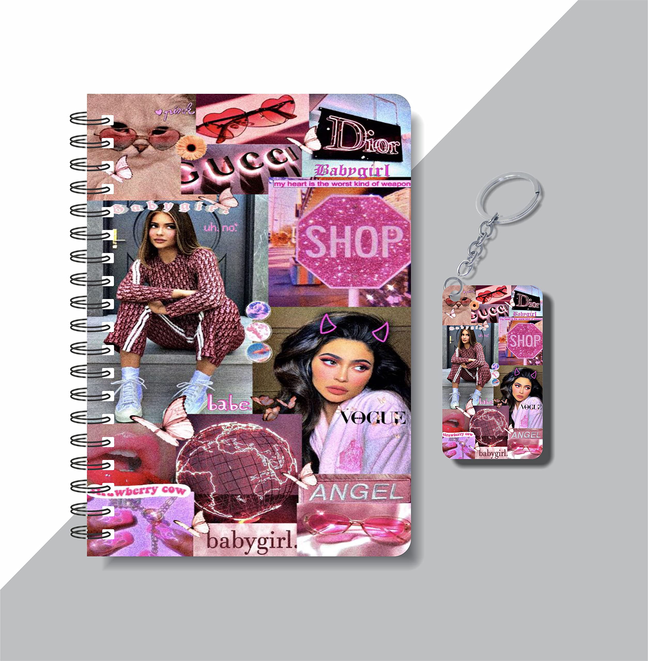 CRAFT MANIACS KYLIEE SHOP PINK COLLAGE ROUND CORNER PRINTED A5 160 RULED PAGES NOTEBOOK & FREE KEYCHAIN | BEST GIFT FOR DRAMA SERIES LOVERS