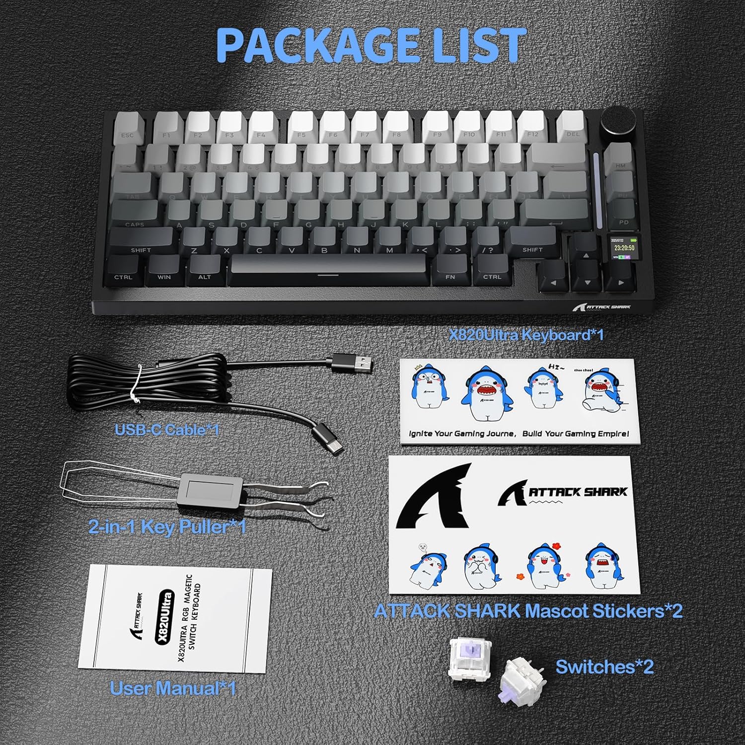 Contents of the ATTACK SHARK X820 Ultra keyboard package
