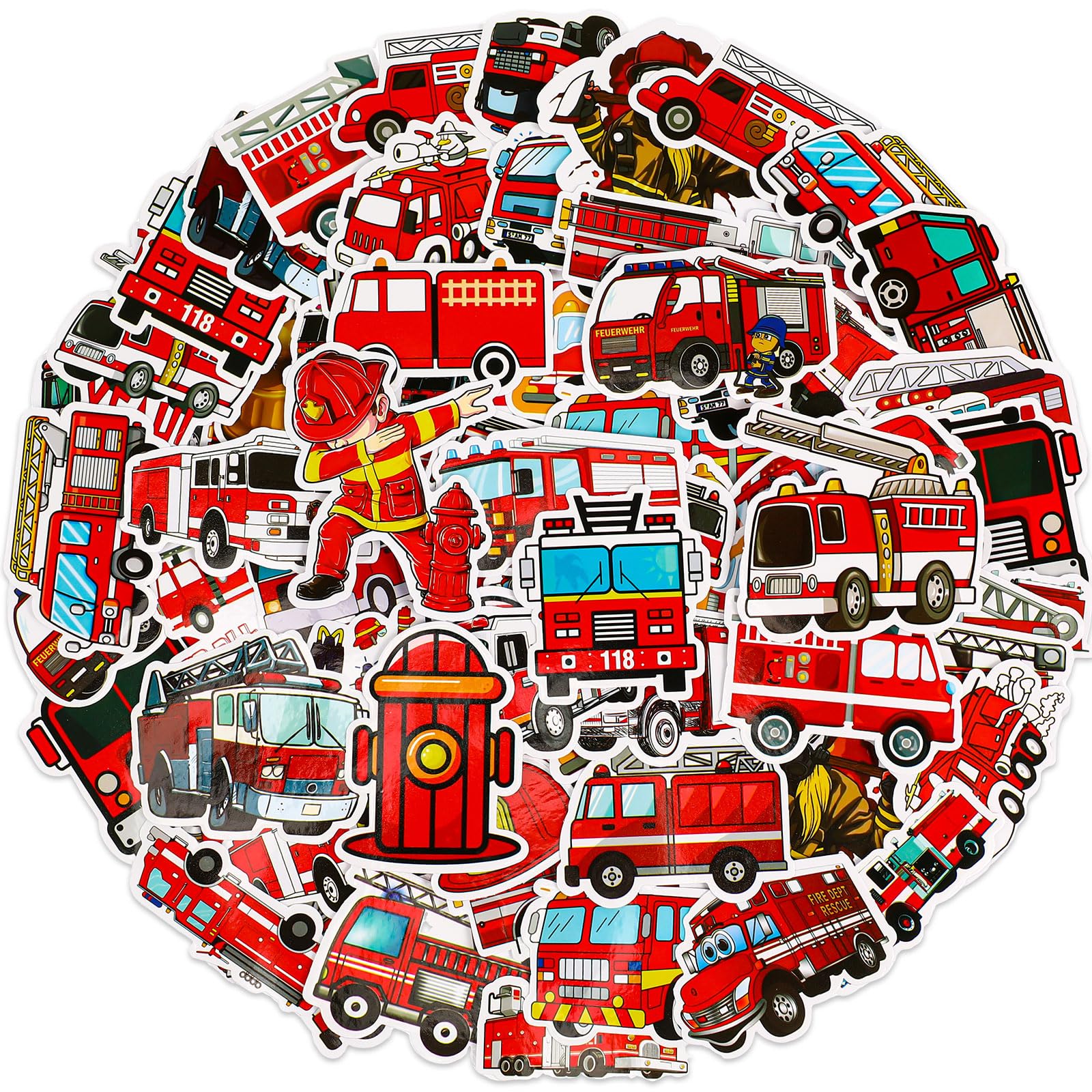 Glenmal 100 Pcs Firetruck Stickers for Kids Firefighter Stickers Cute Fireman Party Favors Fire Truck Birthday Decorations Vinyl Waterproof Decals for Water Bottle Laptop Skateboard Helmet Luggage