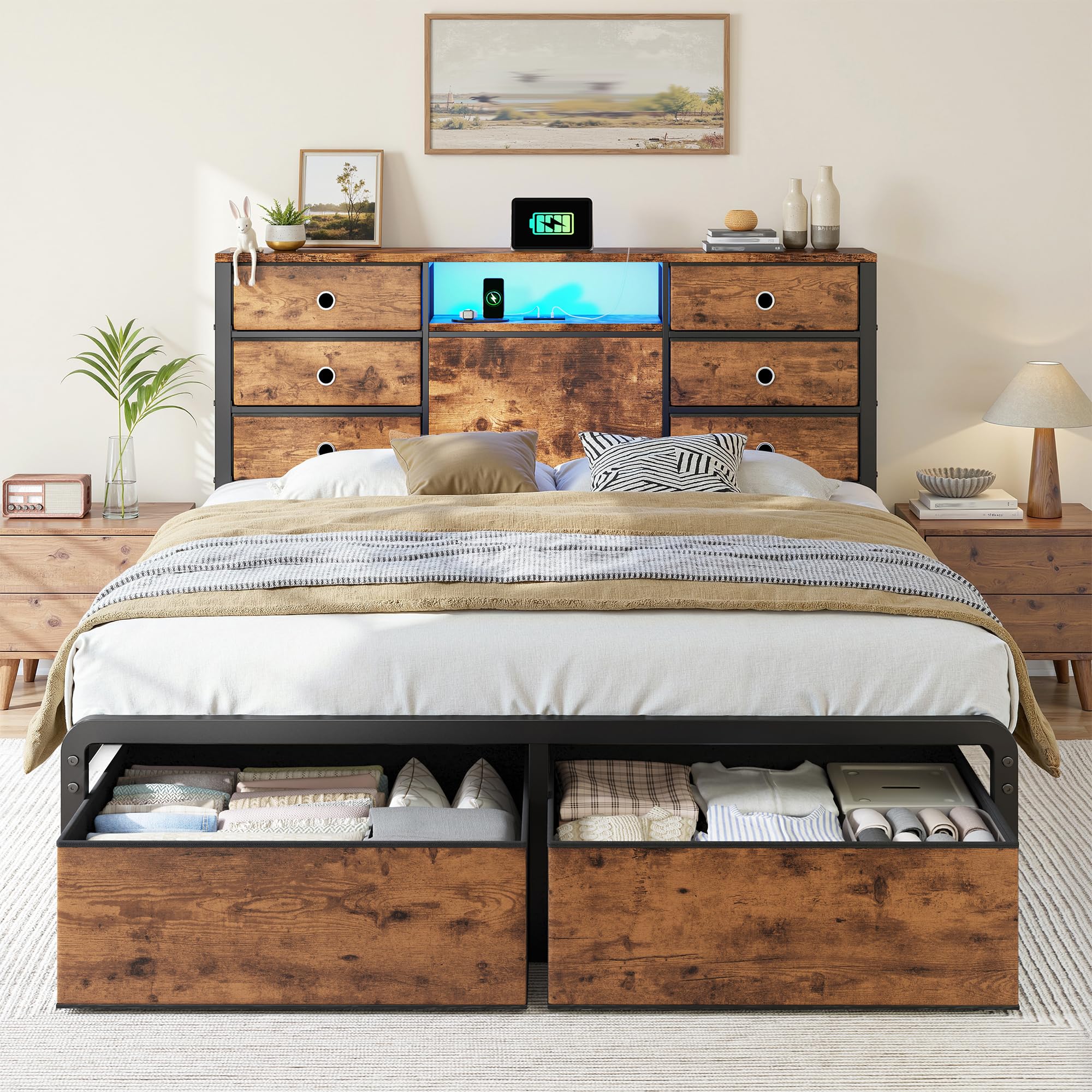 Amazon｜Homkdom クイーンサイズ ベッドフレーム 引き出し8個 充電