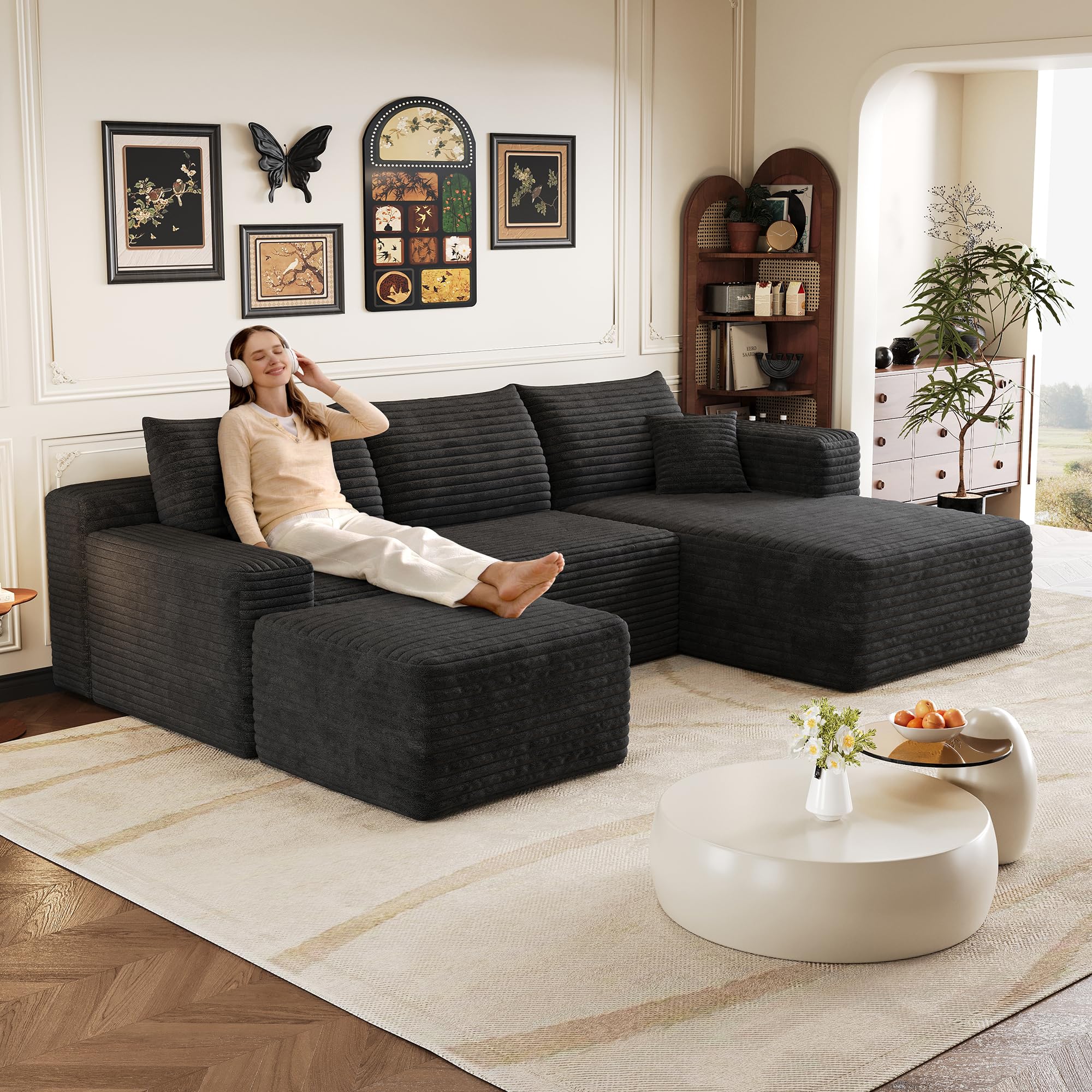 Boneless - Sofá esquinero modular con taburete, sofá de esquina en forma de U sin montaje, sofá tapizado de pana combinable, negro de 3 plazas+1, negro (Black-Right-U, 4)
