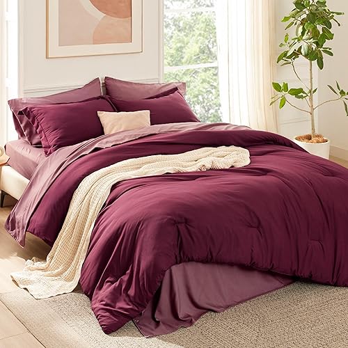 Bedsure Twin Comforter Set - 5 Pieces Burgundy Twin Bedding Set for All Seasons, Boho Contrasting Design Bed in a Bag with Comforter, Sheets, Pillowcase & Sham