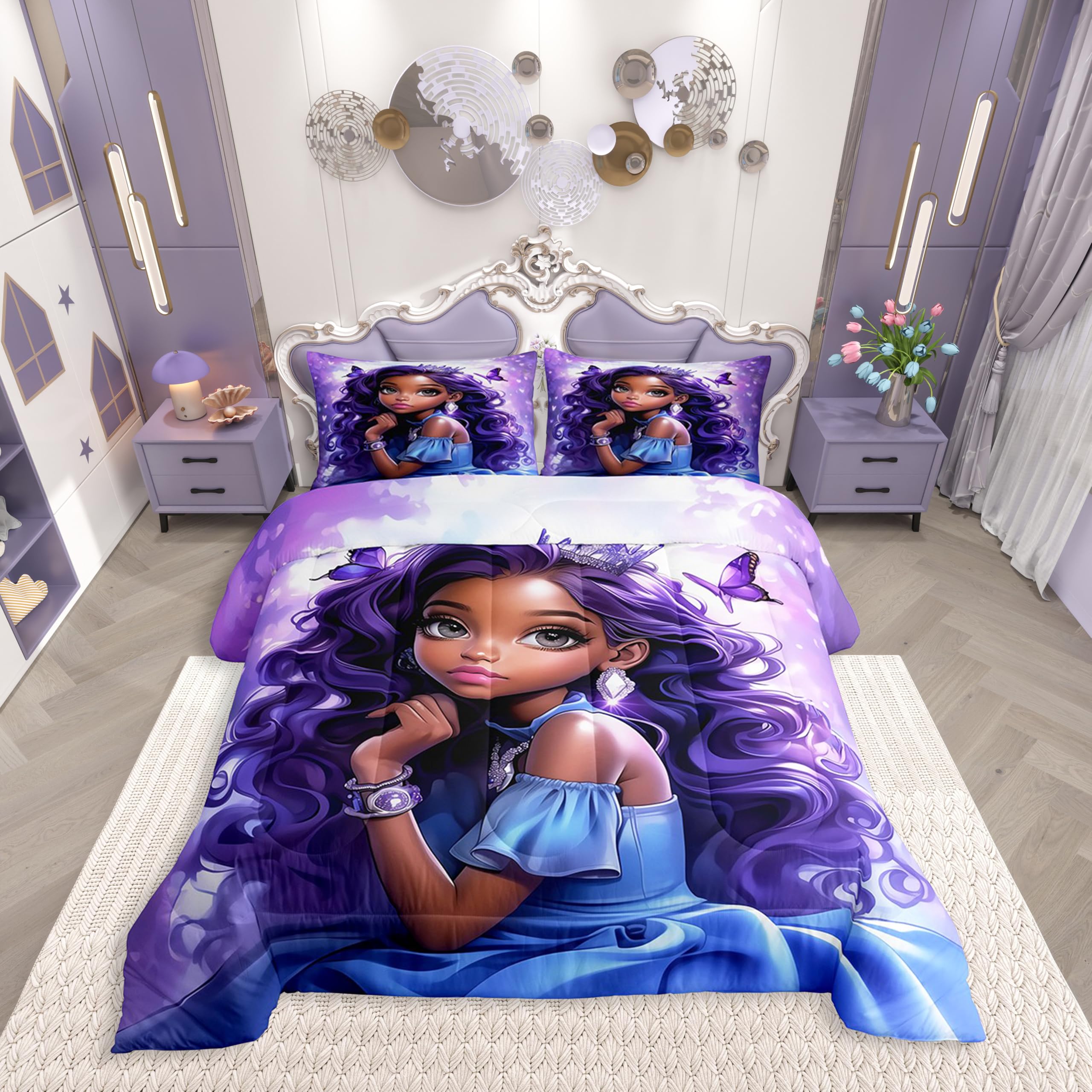 Erosebridal African Girl Bedding Set,Black Girls Magic Comforter Sets Full Size for Kids Boys Girls,American Princess Duvet Set for All Season,Flying
