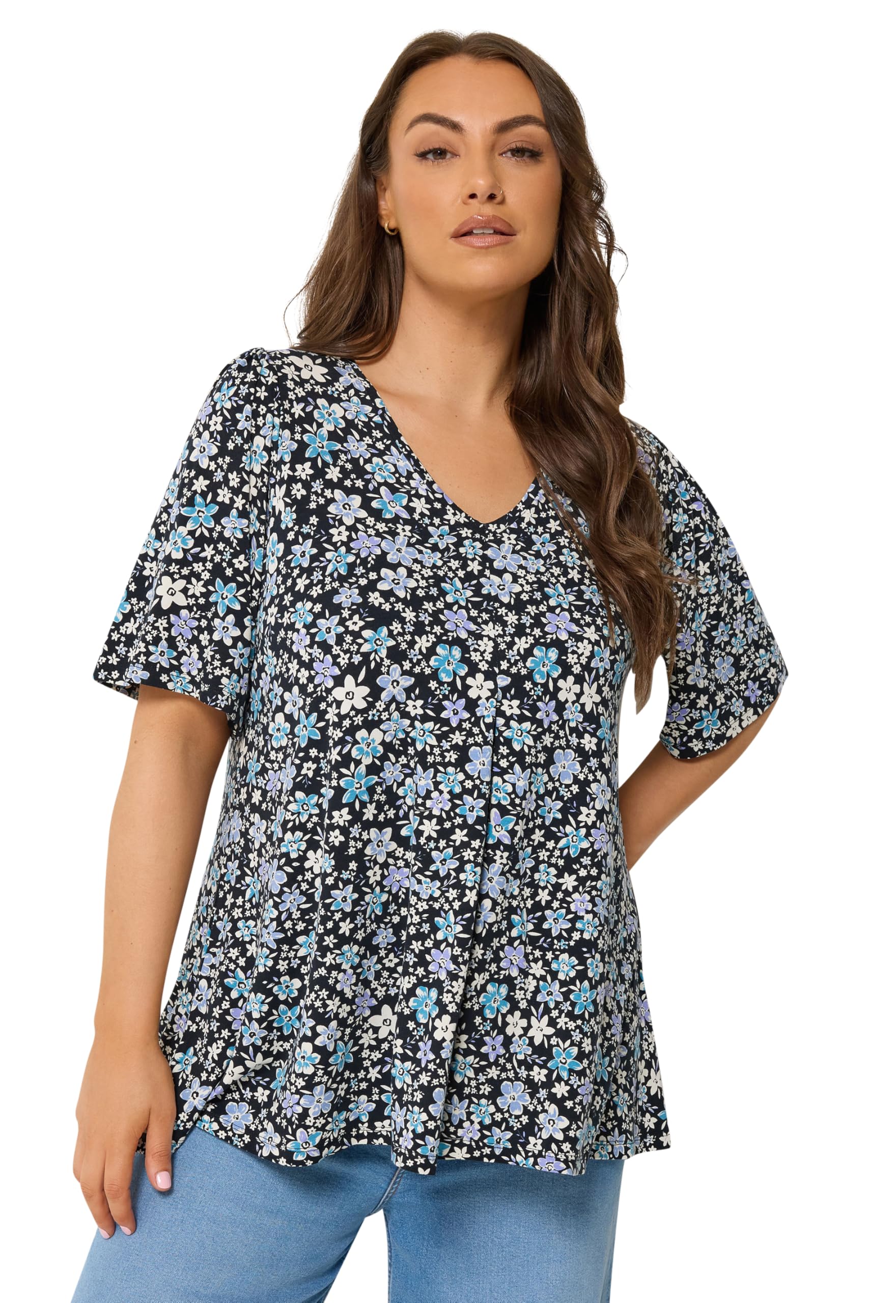 Yours Curve Ditsy Floral Swing Top - Women's - Plus Size Curve Black