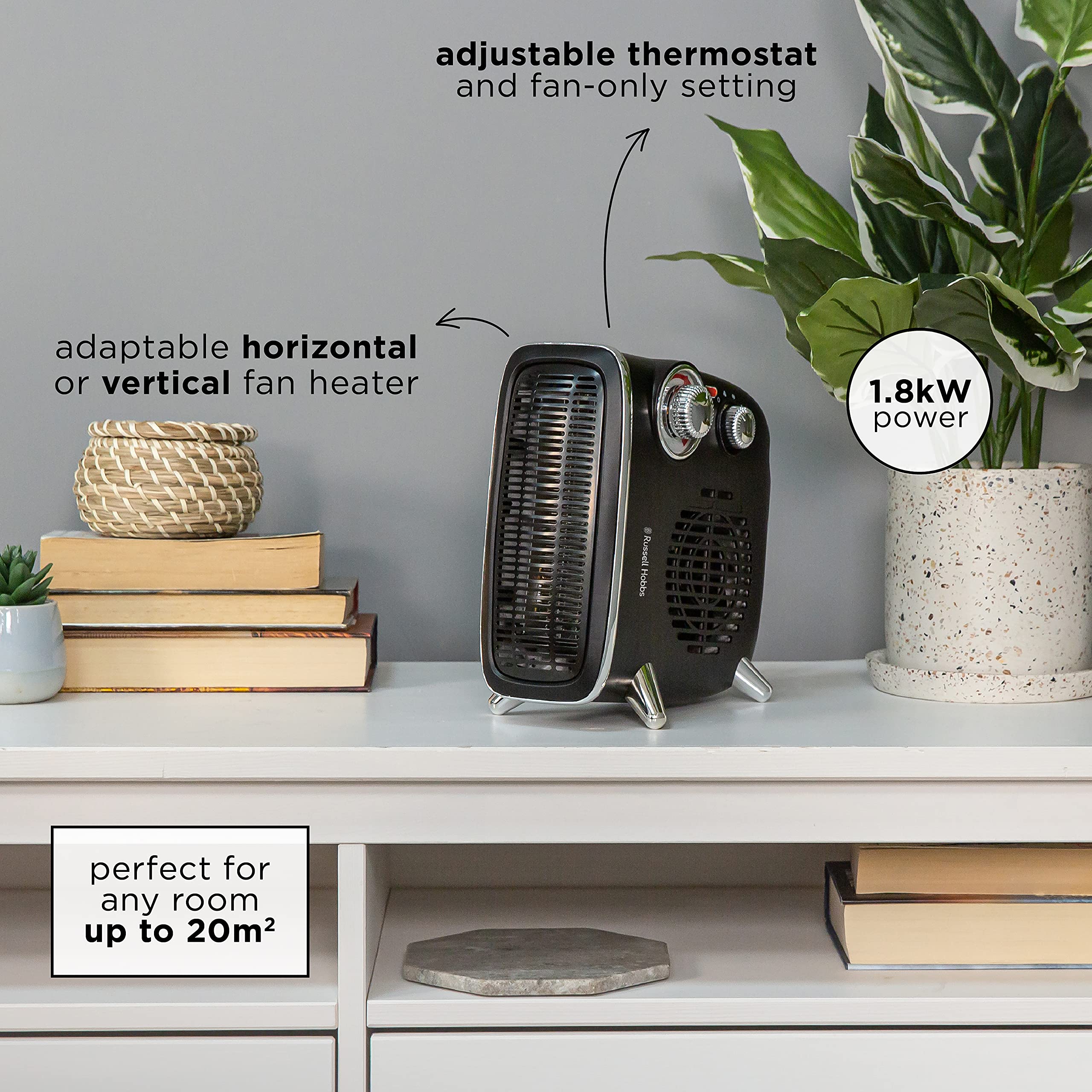 Russell Hobbs 1800W/1.8KW Electric Heater, Retro Horizontal/Vertical Fan  Heater in Black with Adjustable Thermostat, 2 Heat Settings, 20m² Room  Size, Dial Control, RHRETHFH1001B with 2 Year Guarantee : Amazon.co.uk:  Home u0026 Kitchen