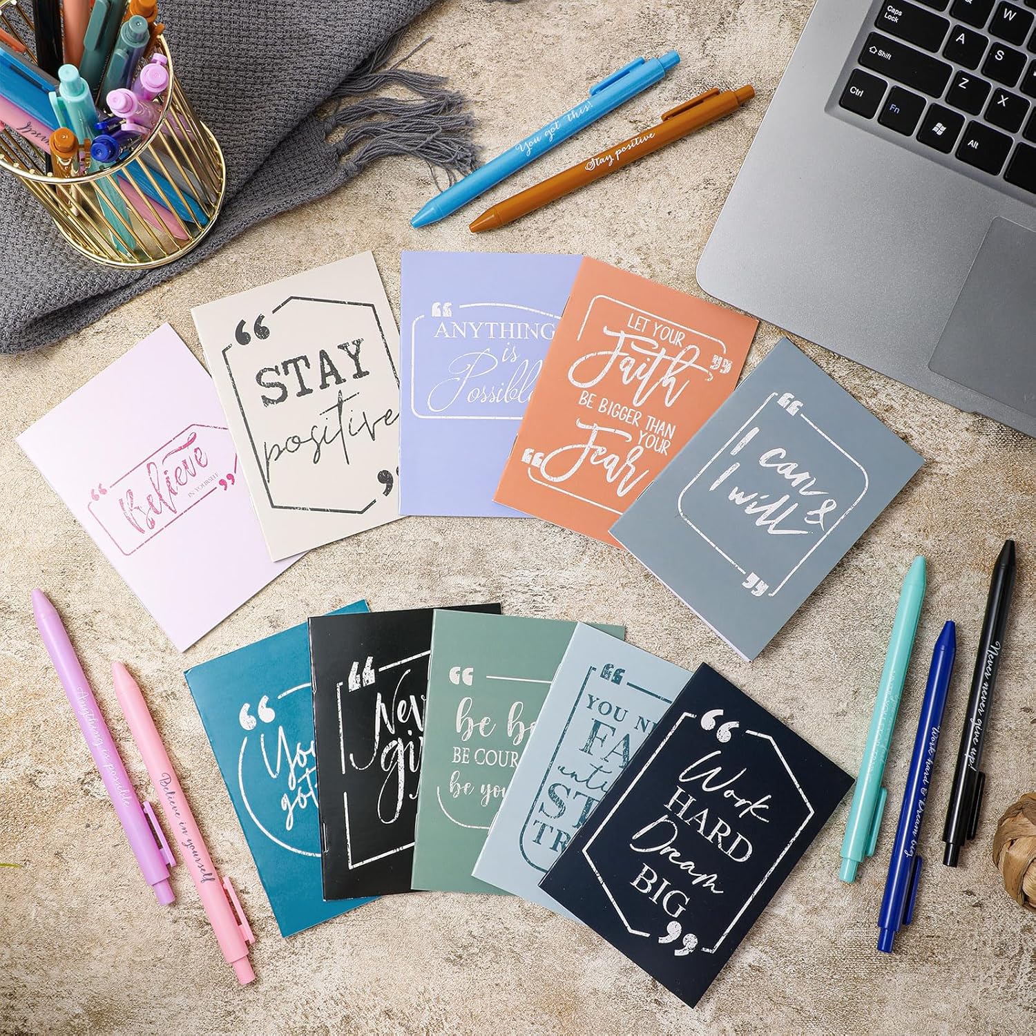 Fulmoon Motivational Pens Notebook Gifts Bulk Inspirational Quote Ballpoint Pen Small Pocket Notepads Mini Journals Employee Appreciation Gifts for Teachers Staff Office Nurse(120 Pcs)