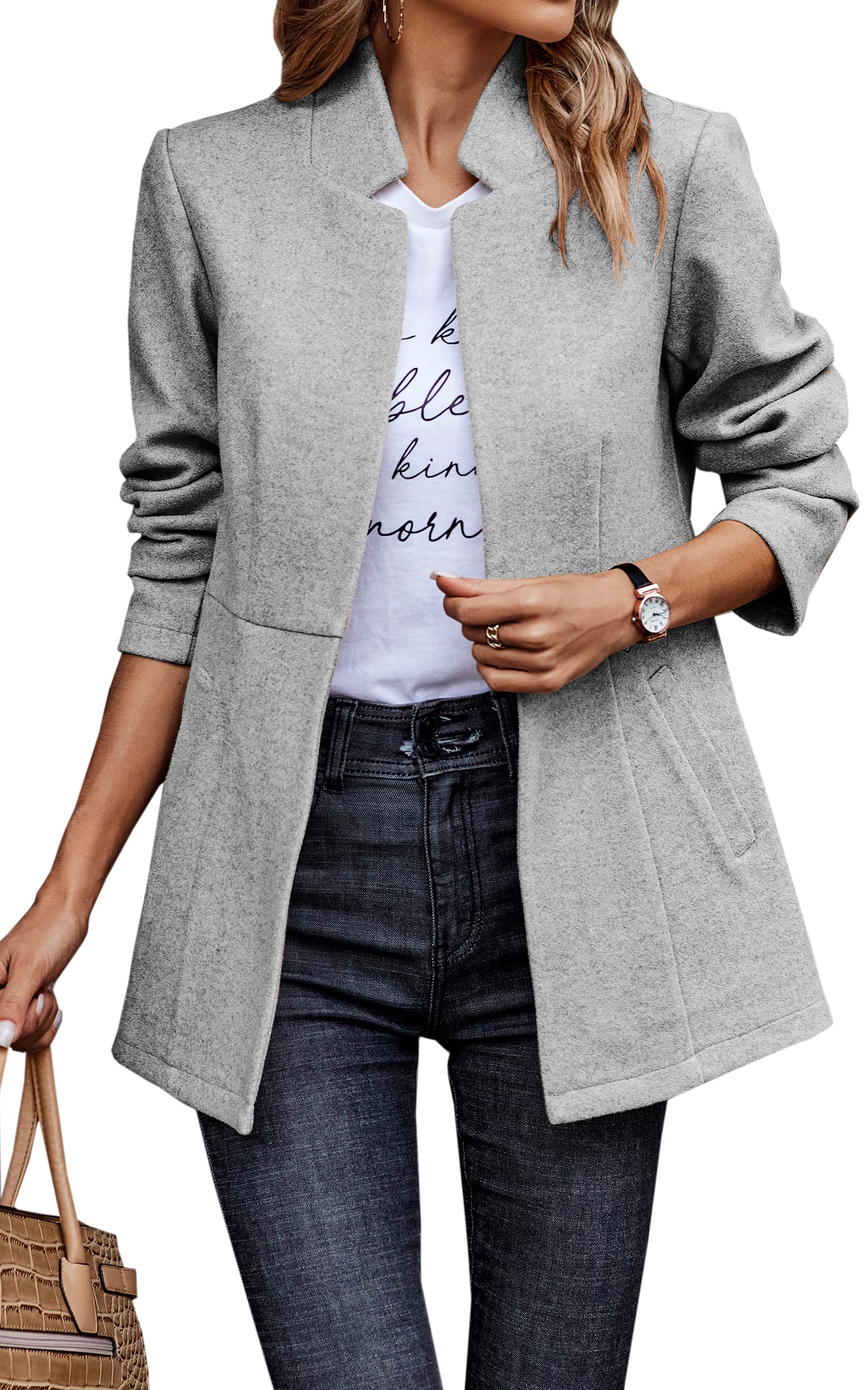 CCTOO Women's Coat Casual Open Front Blazer Long Sleeve Stand Collar Solid Trench Business Work Office Jacket Outwear