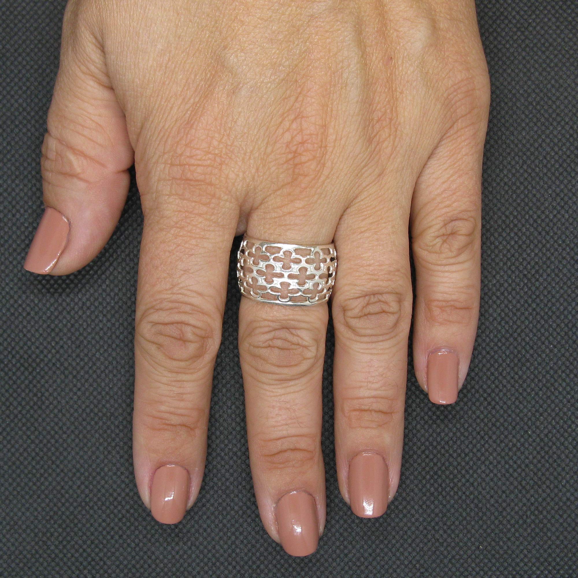 Anello in Argento Sterling Con Fascia a Fiore Largo 14mm Solido Marchiato 925