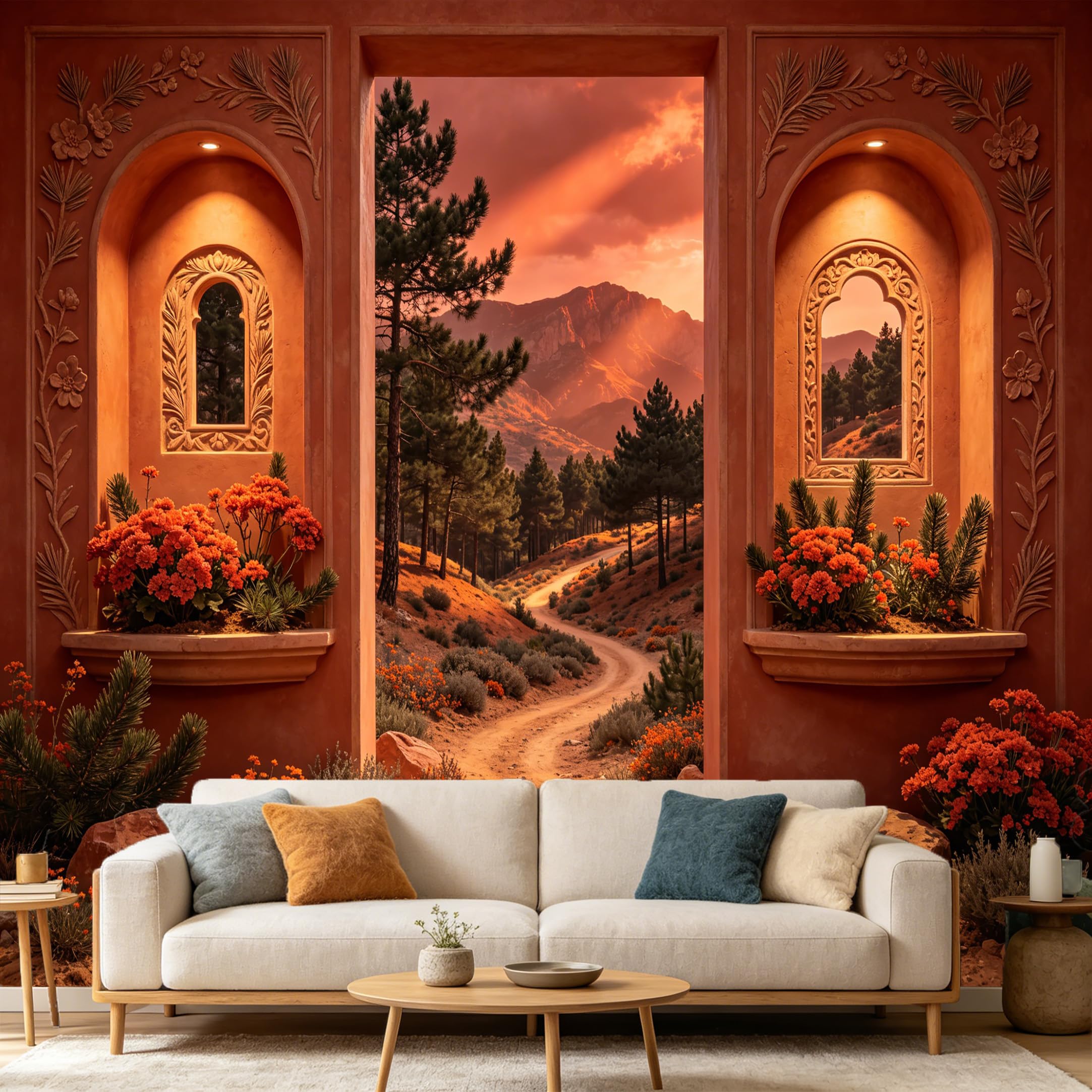 Custom Size Wall Mural， Sunset Mountain Path Pine Forest Archway Mediterranean Style， SelfAdhesive Art Prints wall Fabric Removable Large Wallpaper Home Living Room Decor
