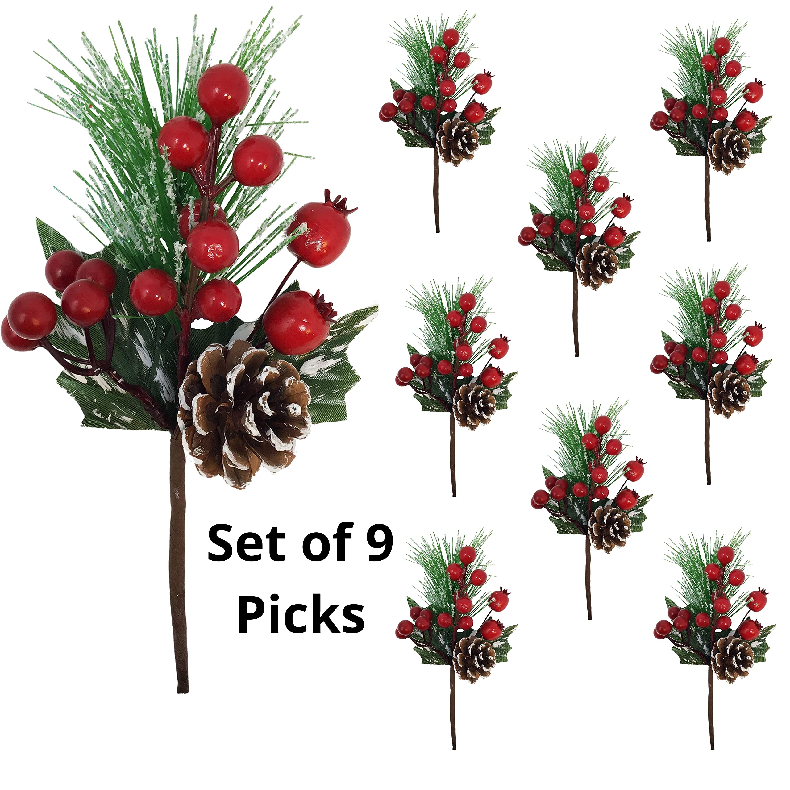 Juego de 9 púas florales para decoración de Navidad, piña, bayas rojas, hojas de acebo, ramita de pino, decoración de Navidad, accesorios de manualidades