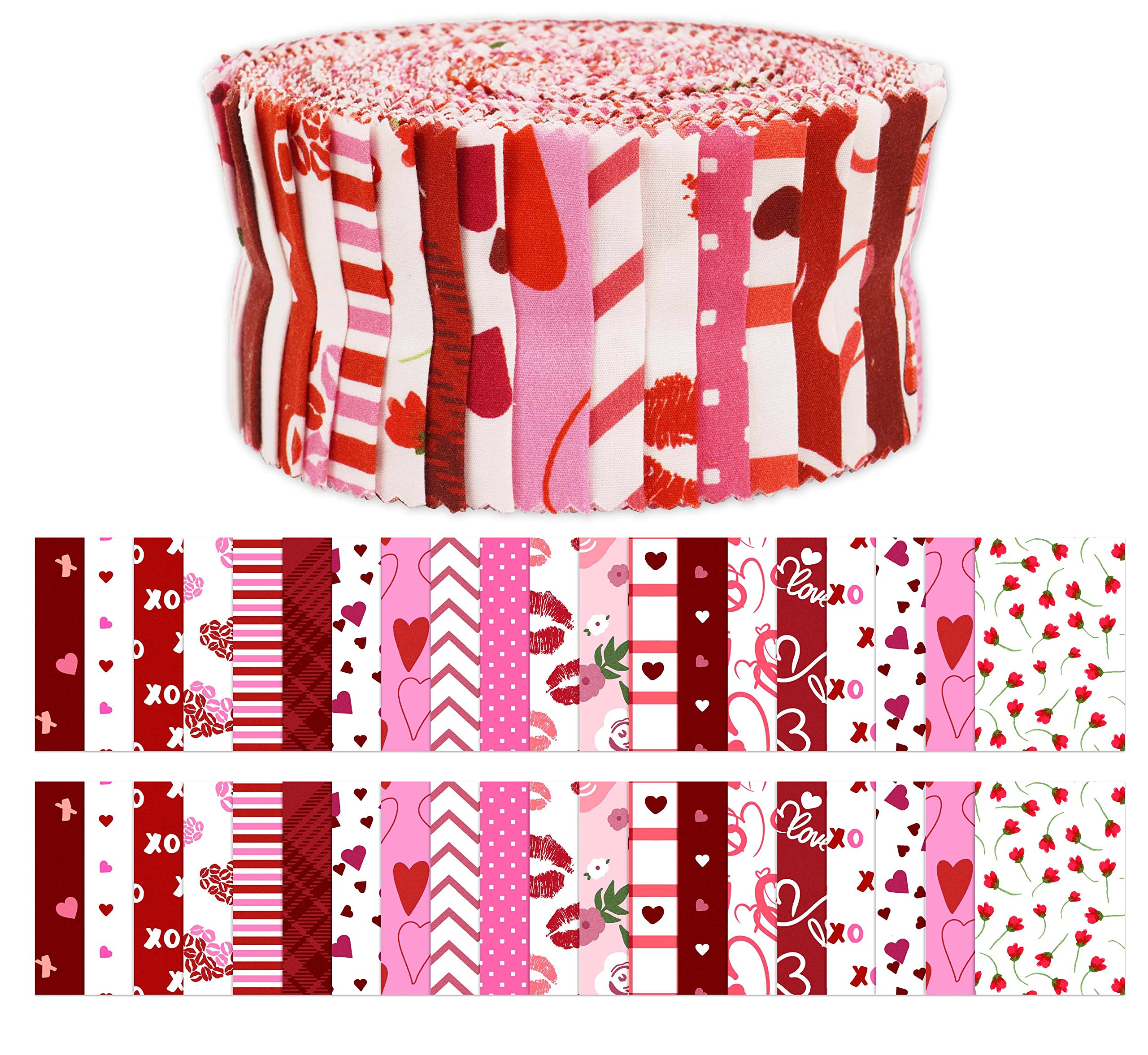 Soimoi 40Pcs Valentine Print Cotton Precut Fabrics for Quilting Craft Strips 2.5x42 Inches Jelly Roll - Pink-White & Red-image-45