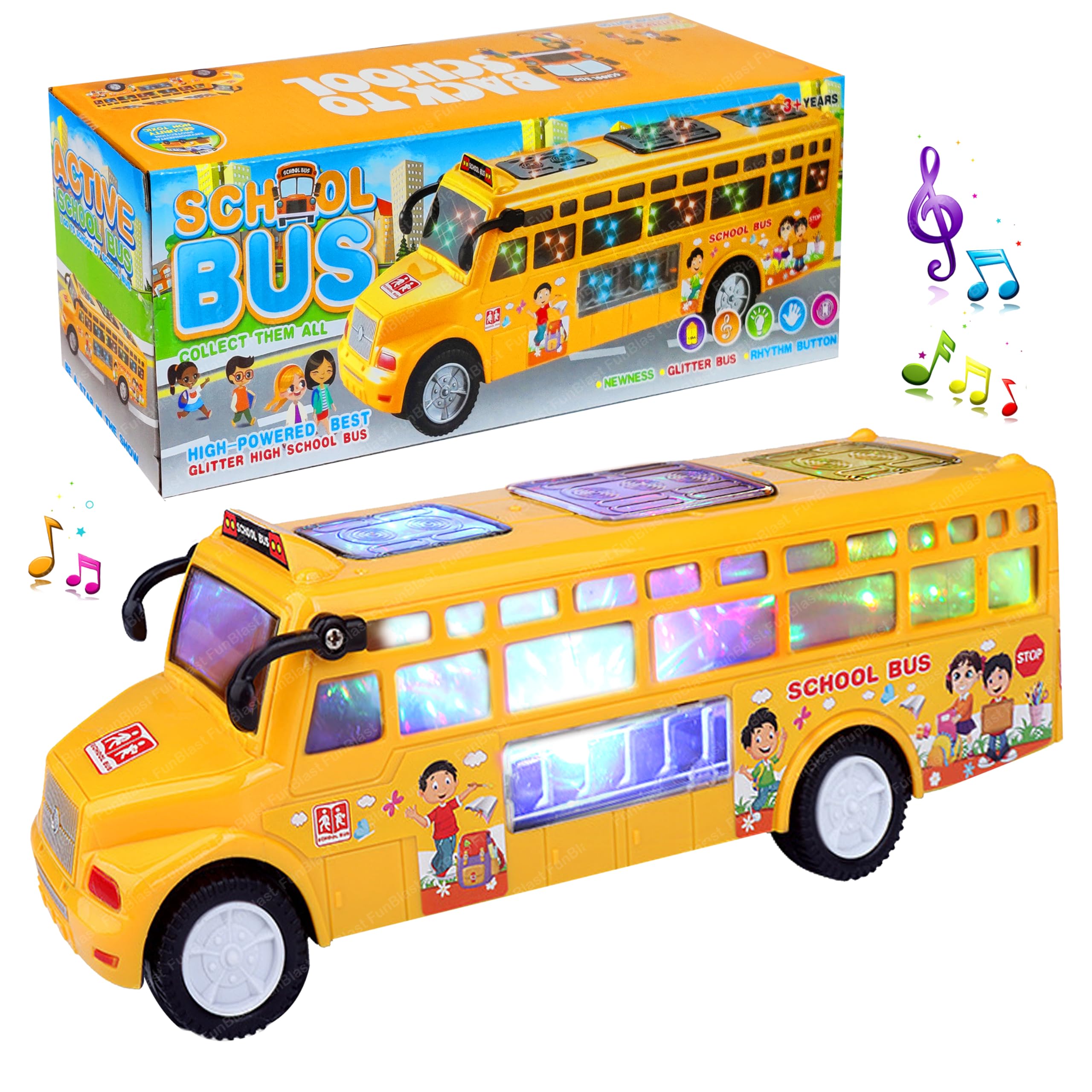 FunBlast School Bus Toy for Kids, 360 Degree Rotating Wheels Omni Directional Toy Bus with Flashing Light and Sound for Kids, Musical Vehicles Toys for 3+ Years Kids Children (Multicolor) (B0CV7K37C7) Amazon Price History, Amazon Price Tracker