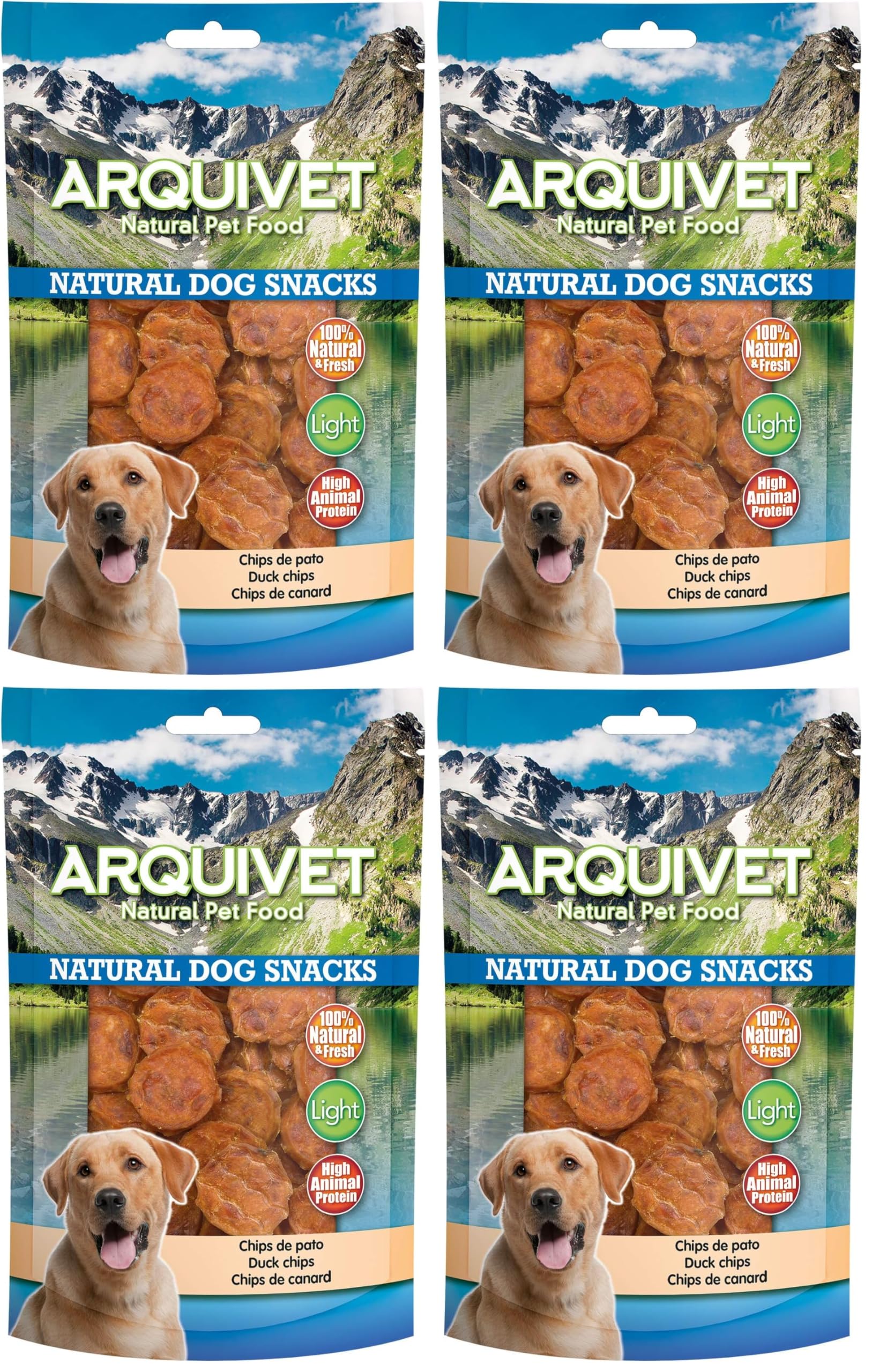 ARQUIVET Chips d'anatra - 100 g - Snack per cani naturali - 100% naturali - prelibatezze per cani - Prodotto leggero - Molto ricco di sostanze nutritive (Confezione da 4)