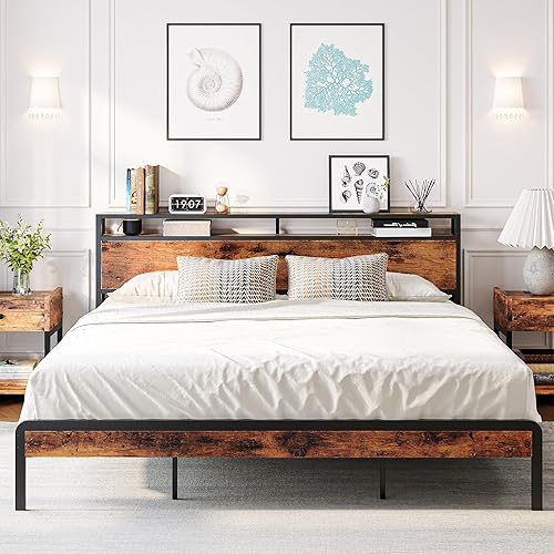 LIKIMIO King Size Bed Frame, Platform Bed with 2-Tier Storage Headboard, Solid and Stable, Noise Free, No Box Spring Needed, Easy Assembly, Vintage Brown