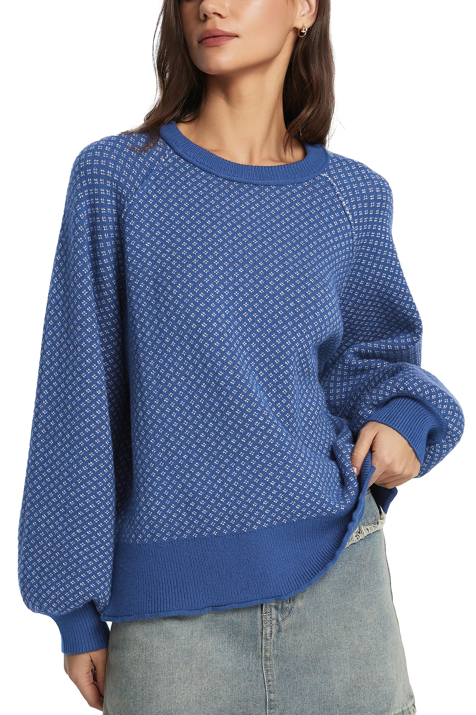 Women Crewneck Plaid Sweater Long Sleeves Color Block Pullover Sweater Casual Winter Chunky Knit Ribbed Jumper Top