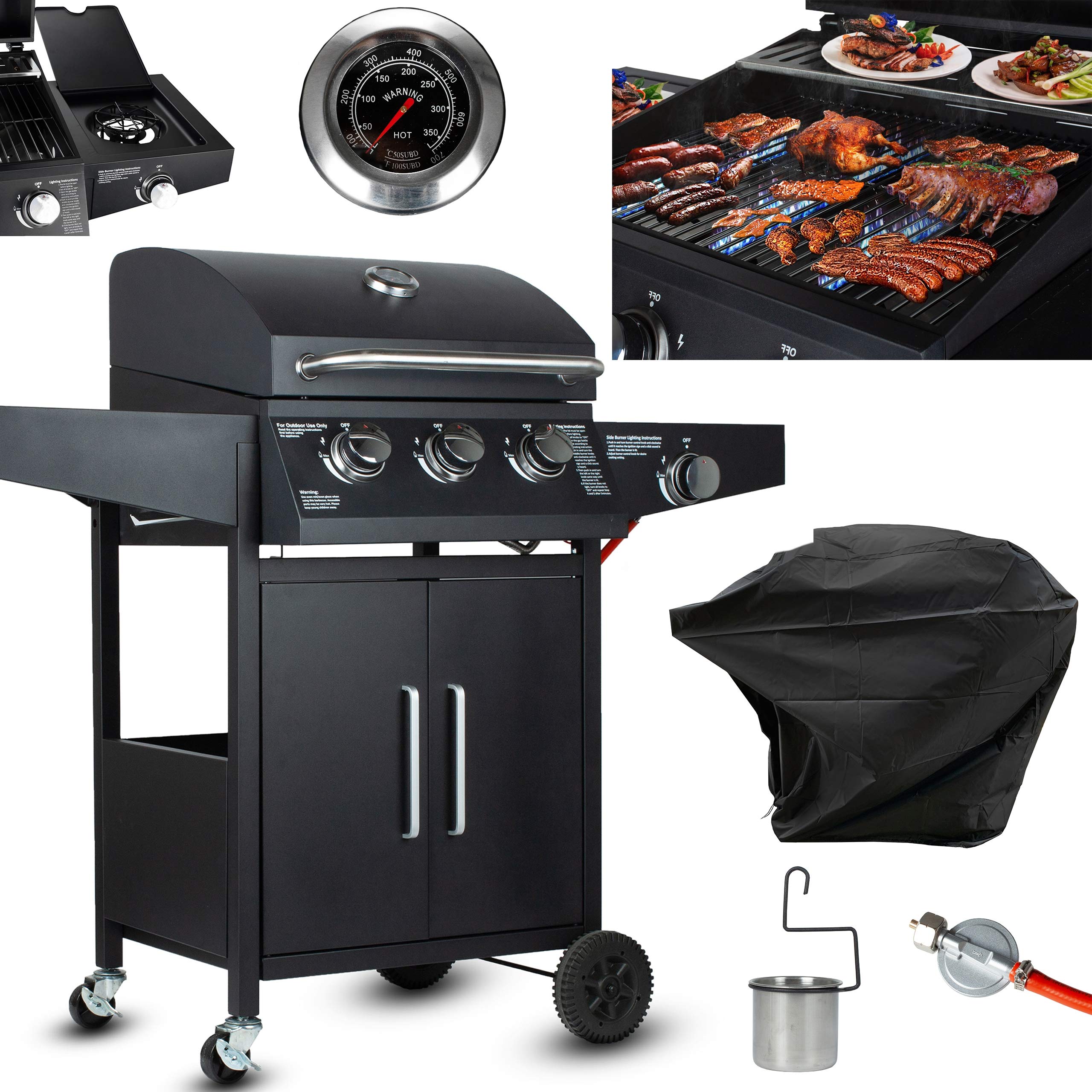 GrillMaster Grill Gazowy PartyTogether 3+1 + Pokrowiec, Ogrodowy, Na Gaz, z Termometrem, z Kółkami, z Dodatkowym Palnikiem