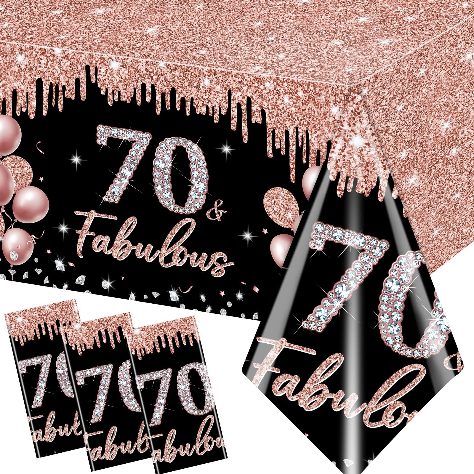 70th Birthday Tablecloth Decorations,3Pcs Rose Gold and Black Glitter Tablecloths for Women Set 70th Birthday Table Cover Black and Rose Gold Table Cover for Women 70th Birthday Disposable Supplies