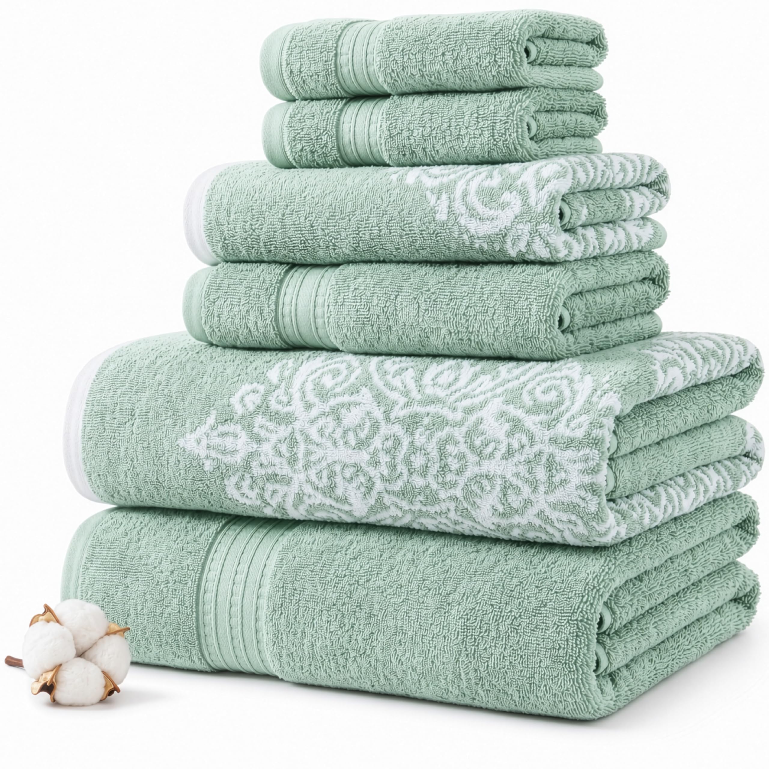 Modern Threads Artesia Damask 6-Piece 100% Combed Cotton Reversible Yarn Dyed Jacquard Towel Set Bagno, 2 Asciugamani per Le Mani, 2 salviette, Cotone, Salvia, Standard