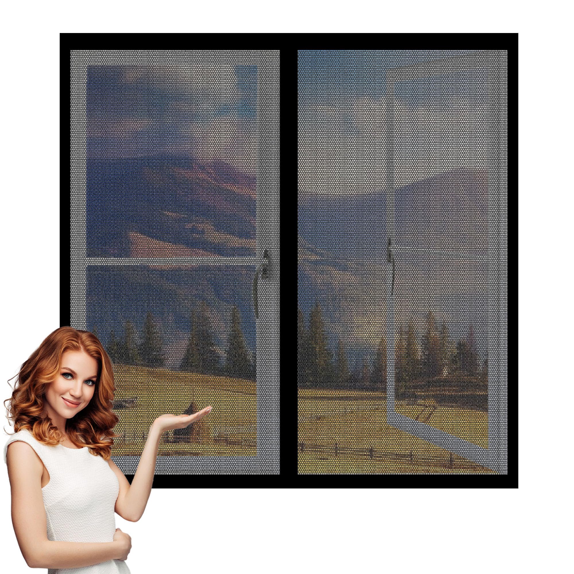 DIY Fly Screen Windows 145 x 130 cm with Selfadhesive Window Insect Screen Mesh Net with Installation Accessories for Living Room Bedroom Offfice, Black