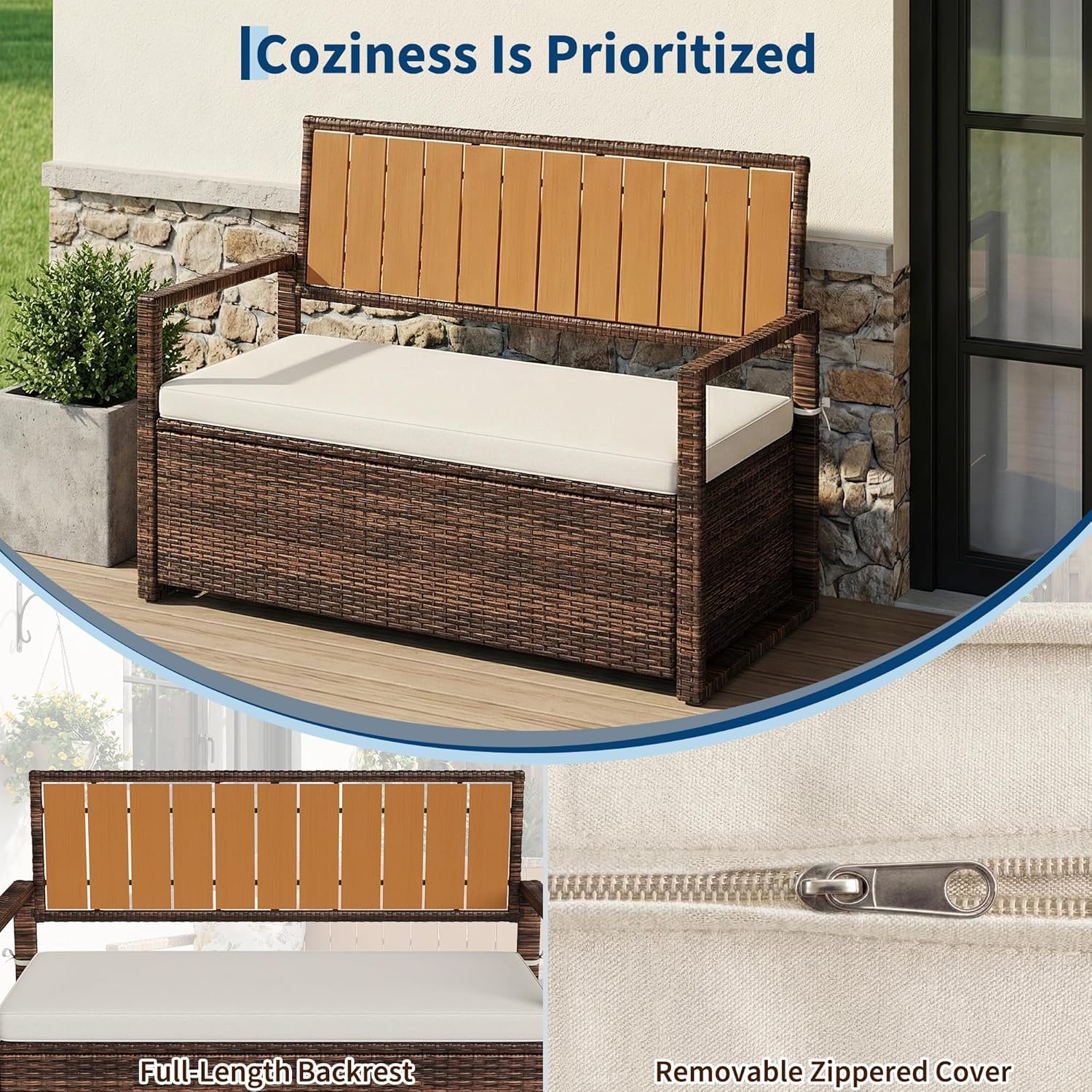 Outdoor Storage Bench with Cushion, 2-Person All-Weather PE Rattan Patio Bench with Backrest & Armrests, Waterproof Wicker Deck Box Seat for Garden, Porch, Poolside & Backyard, Metal Frame，Brown