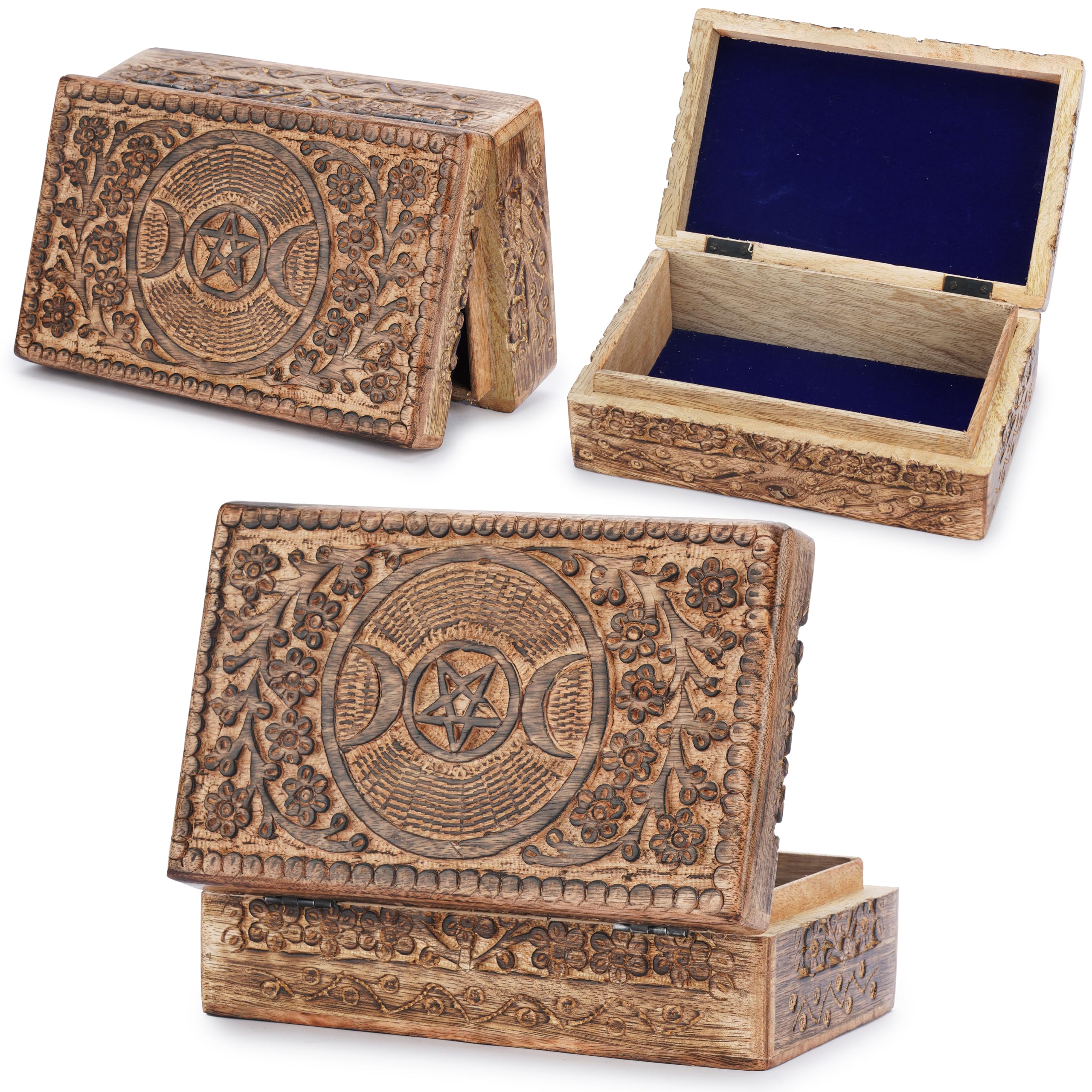 Ajuny Handgeschnitzte Holz Schmuckbox - 8x5 Zoll Blumen Schnitzerei Aufbewahrungsbox