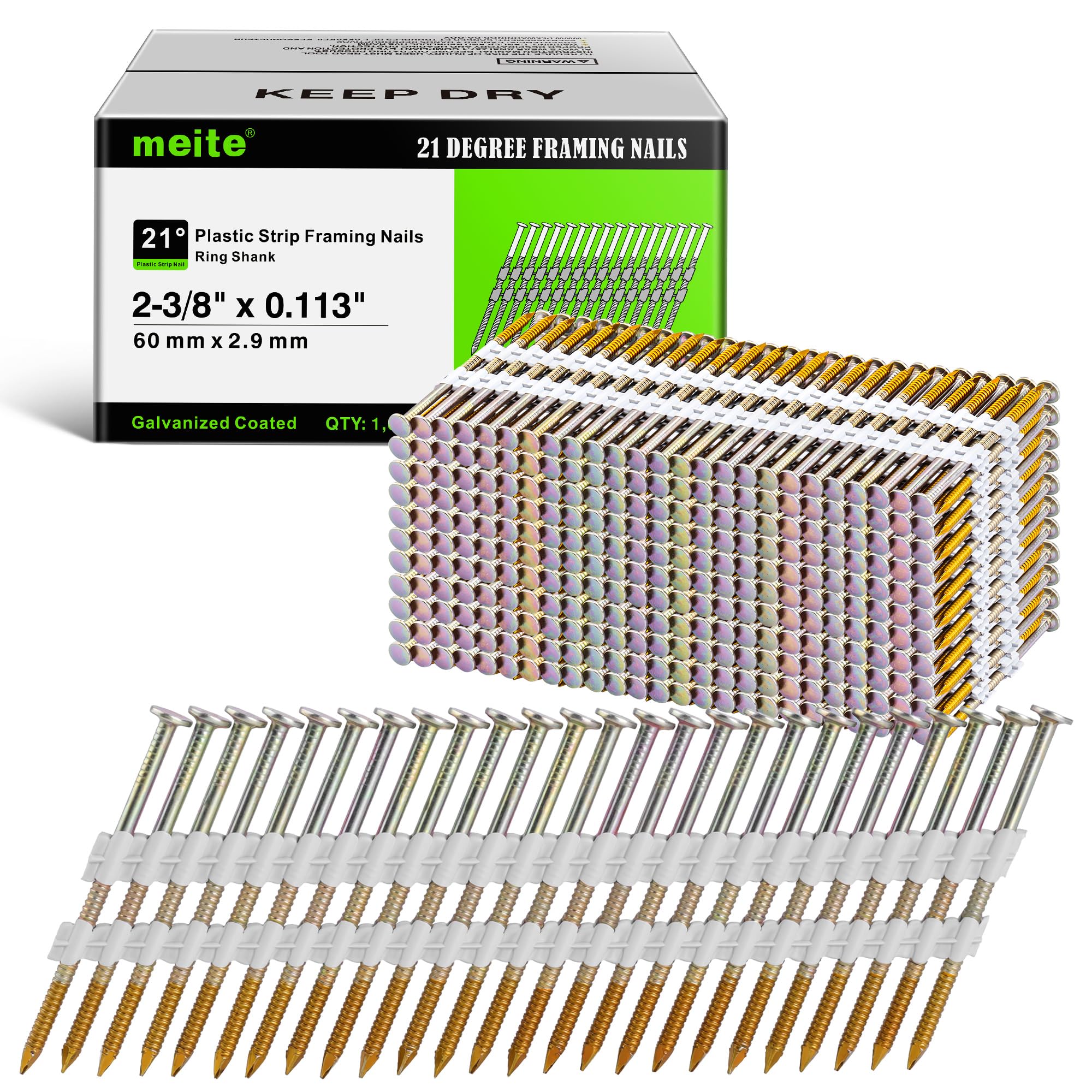 meite 21 Degree Framing Nails 2-3/8 Inch Galvanized Plastic Collated Nails, Full Round Head Smooth Shank Structural Nails for Framing Nailer Gun Roof