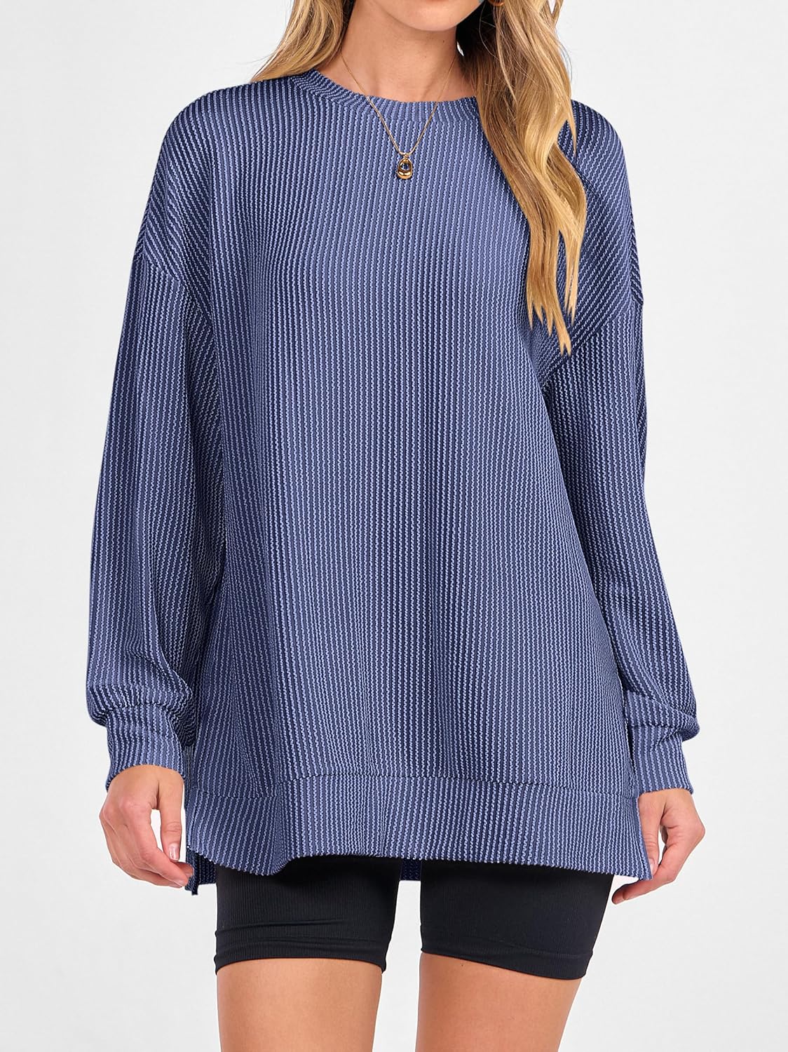 ANRABESS Womens Oversized Long Sleeve Shirts Ribbed Knit Tunic Tops Side Spilt Casual 2025 Fall Outfits - Image 2