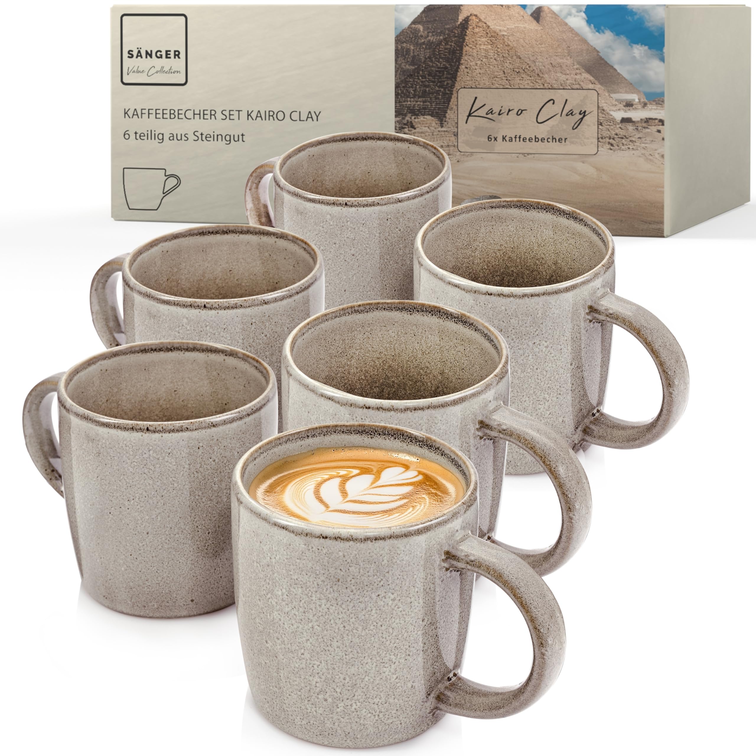 SÄNGER Kairo Clay | Kaffeebecher 6 teilig, Steingut Tassen Set für 6 Personen, Tassen multifunktional, spülmaschinen-mikrowellenfest, Coffee Mug Teetasse, Kaffeetassen Grau 400 ml VALUE COLLECTION