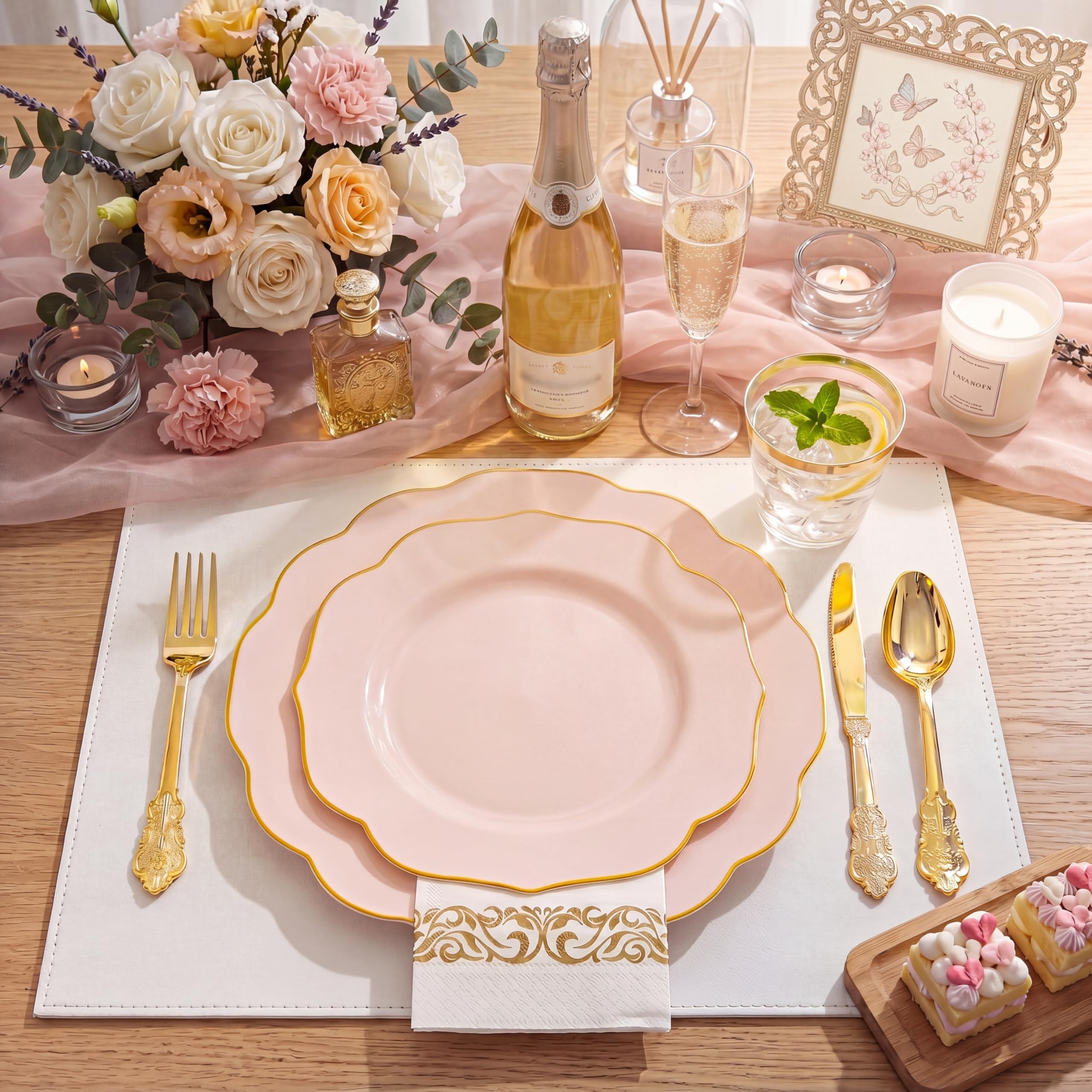 Pink Plates & Gold Cutlery Set - Party Supplies -4 Pink Plates & Gold Cutlery Set - Party Supplies -4