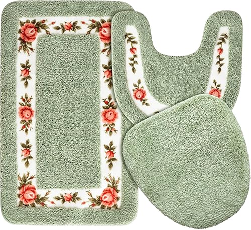 Juego de 3 alfombras de baño con rosas y flores, decoración de habitación, alfombra de baño floral en forma de U, antideslizante, absorbente,