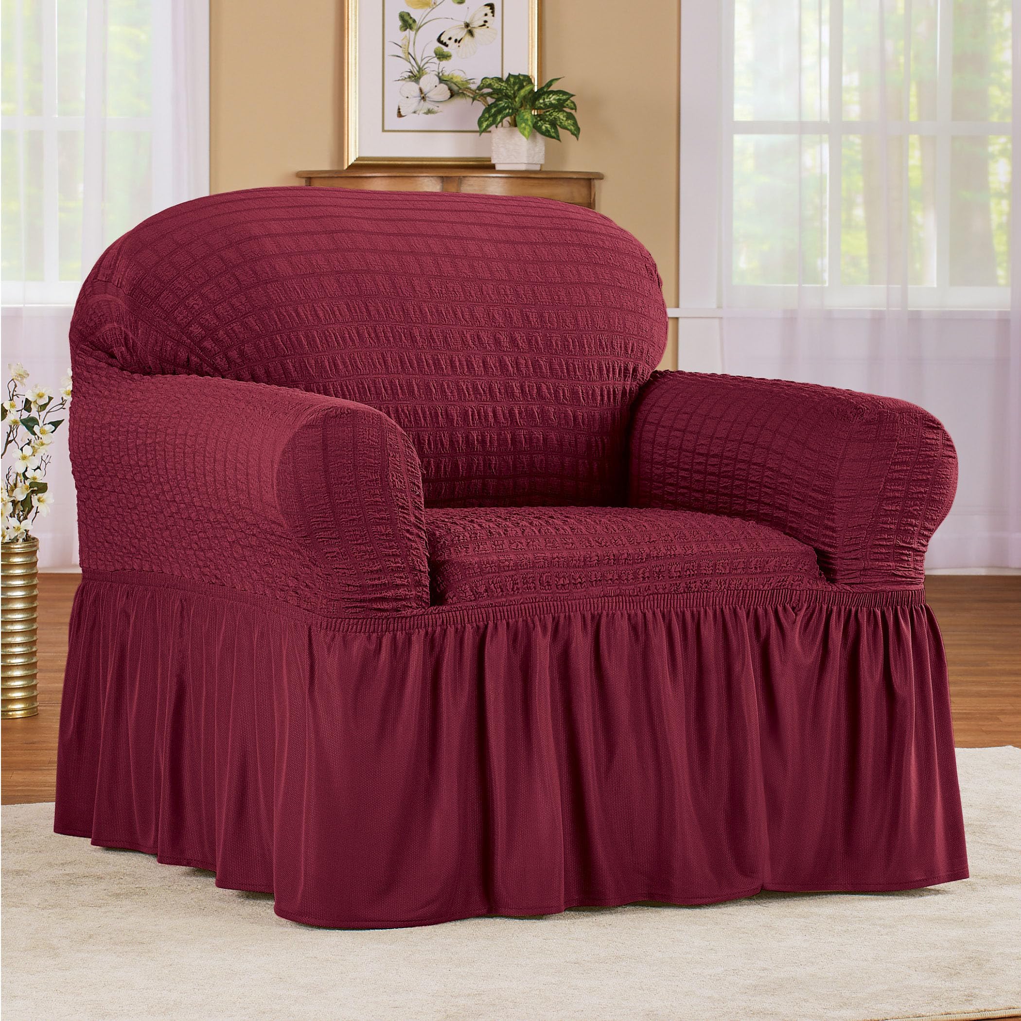 Collections Etc Fashionable Textured Square Stretch Slipcover with Ruffled Skirt - Protects from Spills, Stains, Pets Hairs, Wear & Tear - Home Decor