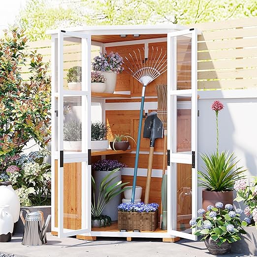 63 Inch Tall Wooden Outdoor Storage Shed Cabinet, Waterproof Roof, Secure Lockable Door, Garden Tool Organizer for Patio & Lawn (Yellow)
