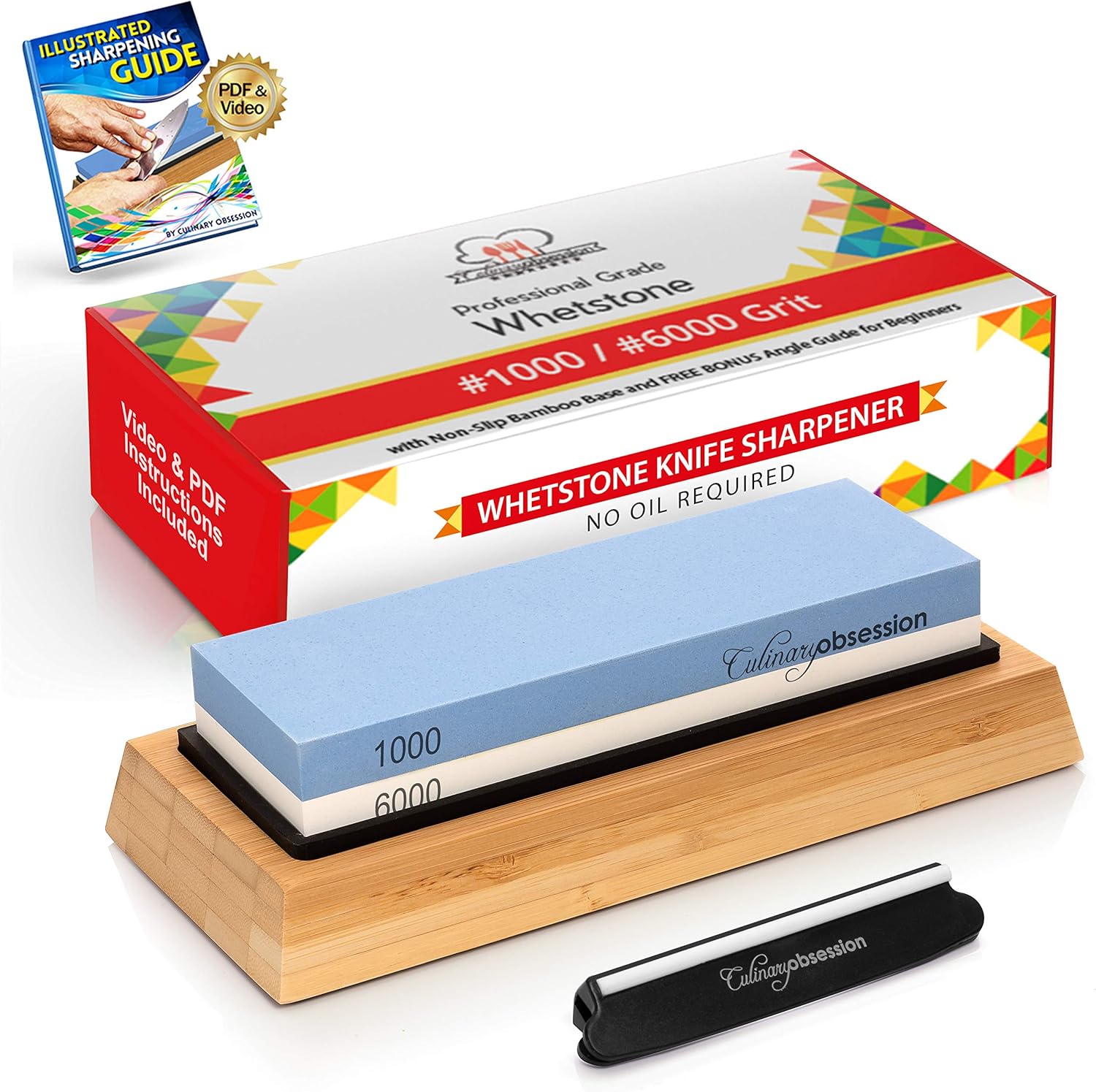 Get Discount Offer Whetstone Knife Sharpening Stone: 2-Sided Knife Sharpener Set, 1000/6000 Grits, with Non-Slip Base, Angle Guide, Illustrated PDF & Video Instructions - (Arkansas Honing Stone/Japanese Waterstone)