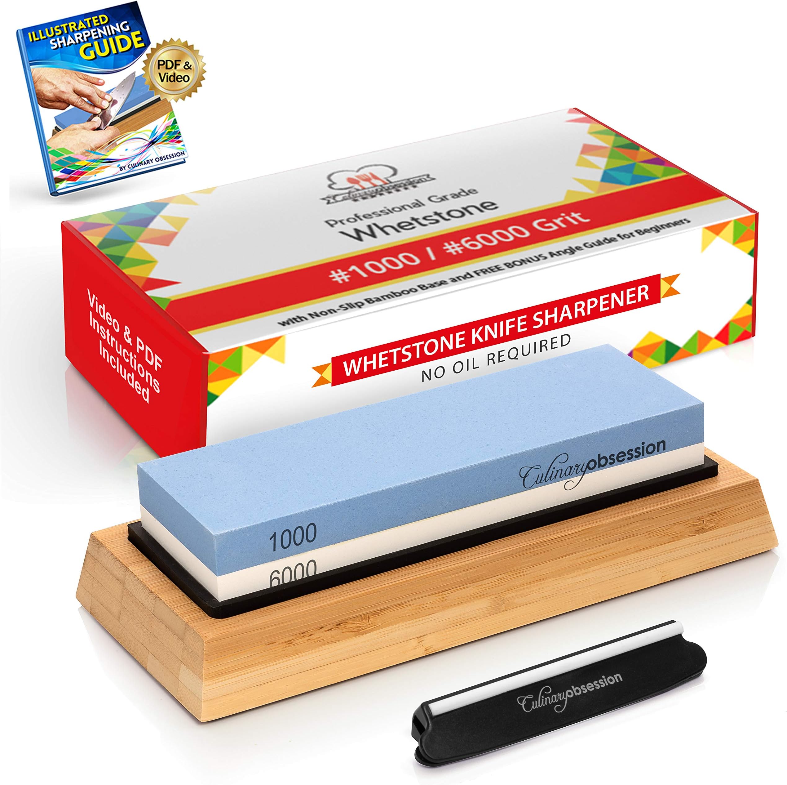 Whetstone Knife Sharpening Stone: 2-Sided Knife Sharpener Set, 1000/6000 Grits, with Non-Slip Base, Angle Guide, Illustrated PDF & Video Instructions - (Arkansas Honing Stone/Japanese Waterstone)