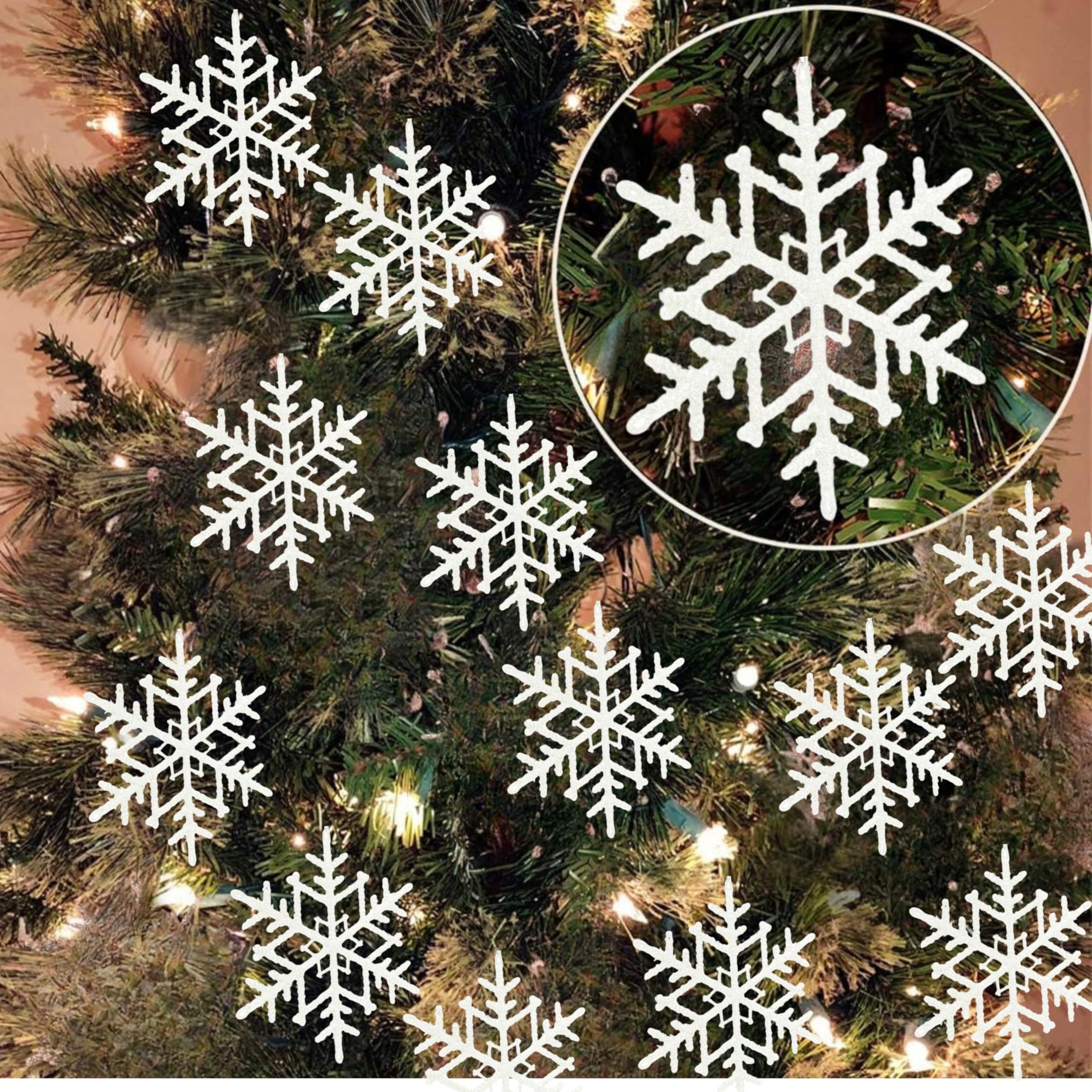Srv Hub 12X White Glitter Snowflakes 12 White Snowflakes Ornaments 20Cm - Plastic Glitter Snowflake For Winter Indoor Outdoor Christmas Tree Window Room Decorations, Giant Craft Snowflakes