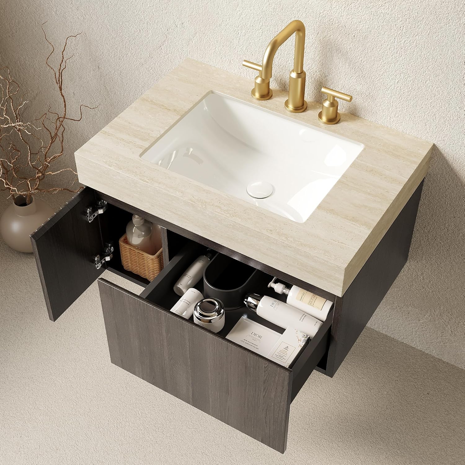 30" Floating Bathroom Vanity with Sink, Wall Mounted Storage Vanities with Drawer and Door, Roma Travertine-Pattern Top and 3 Pre-drilled Faucet Holes Basin, Pre-Assembled Cabinet, Espresso Woodgrain