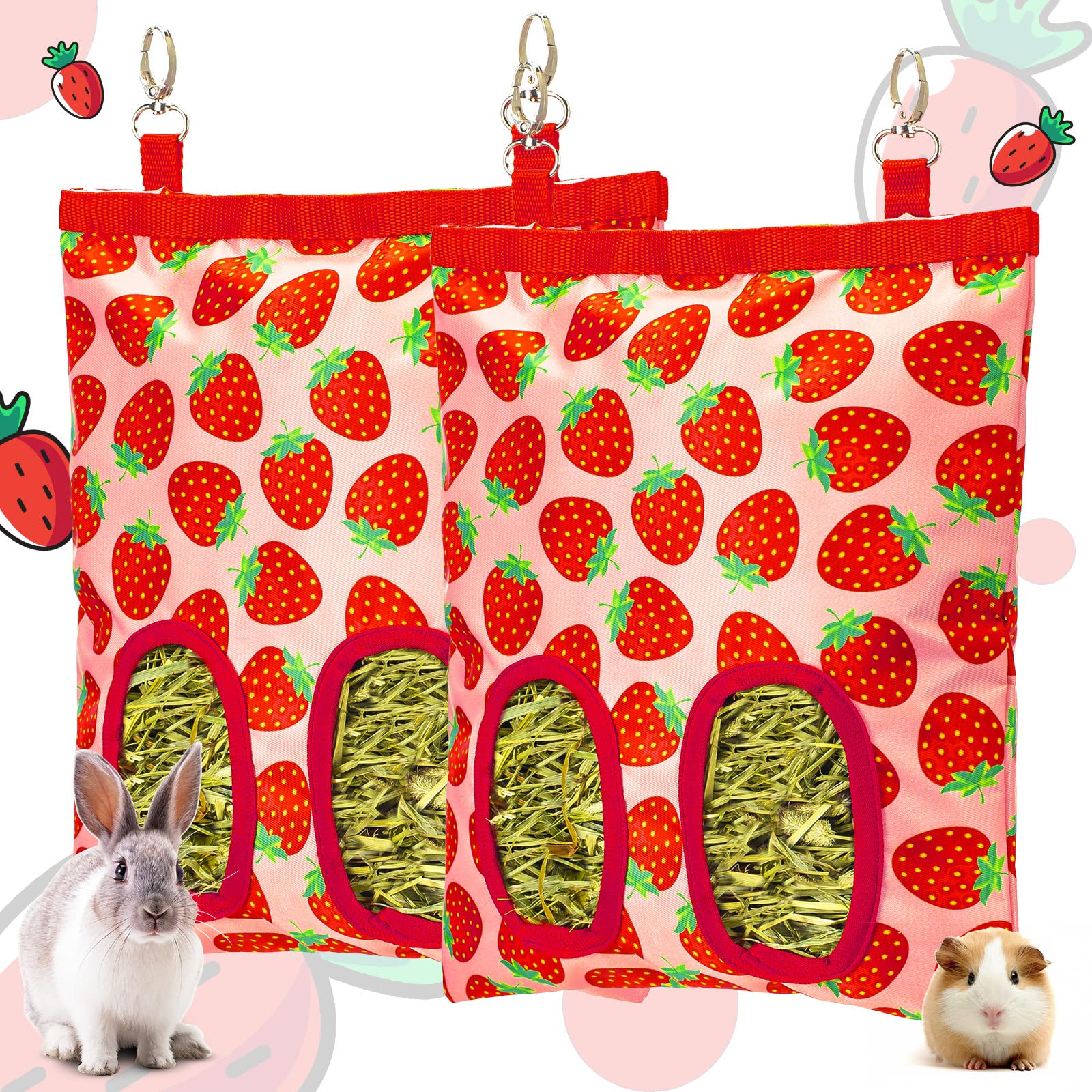 2Packs Large Rabbit Hay Feeder Bag, Upgraded Guinea Pig Hay Feeder with 3 Hooks, Chew Proof Washable Hay Bag for Rabbits Bunny Chinchilla Hamster, Mess Free Grass Holder 2 Holes, 9.8x11.4 Inch