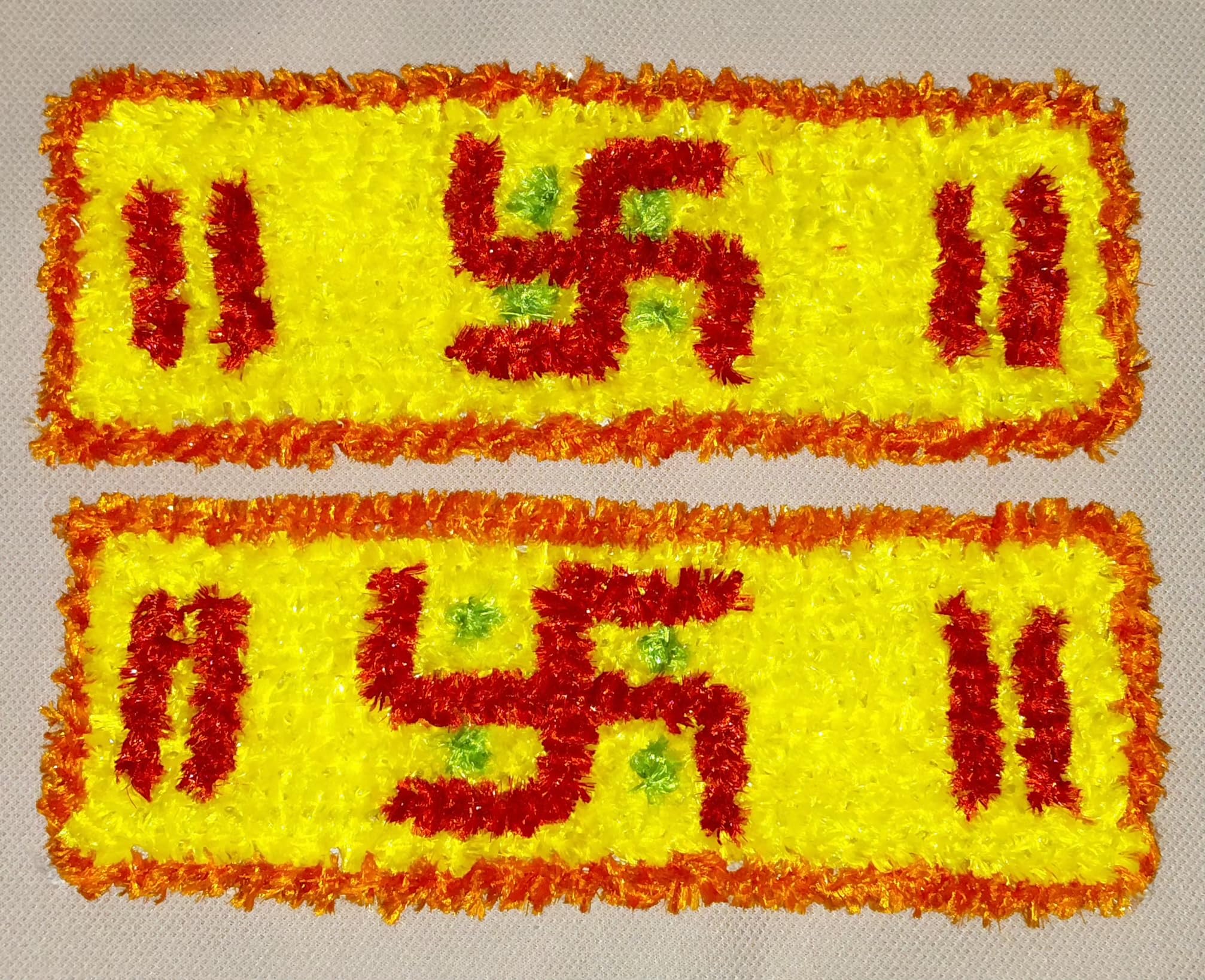 Handmade Swastik Rangoli Decorative Mat Yellow & Red, Pack of 2 | 25 x 8 cm Each Piece, Reusable & Lightweight, Sacred Swastik Symbol, Pooja & Festival Use, Soft Plush Finish-picture-31
