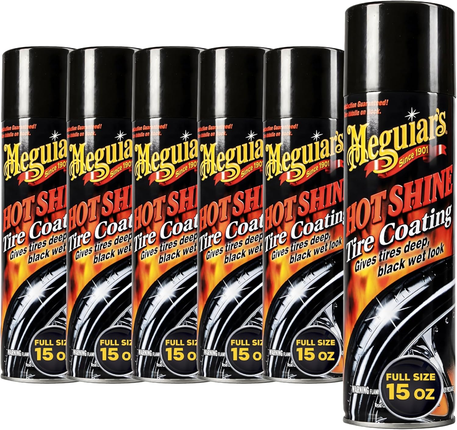 Meguiar's Hot Shine High Gloss Tire Coating, 6 Pack (6 x 15 oz = 90 oz Total) Aerosol Tire Shine Spray for Deep Black Wet Look Tires on Cars Trucks and SUVs After Car Wash Detailing