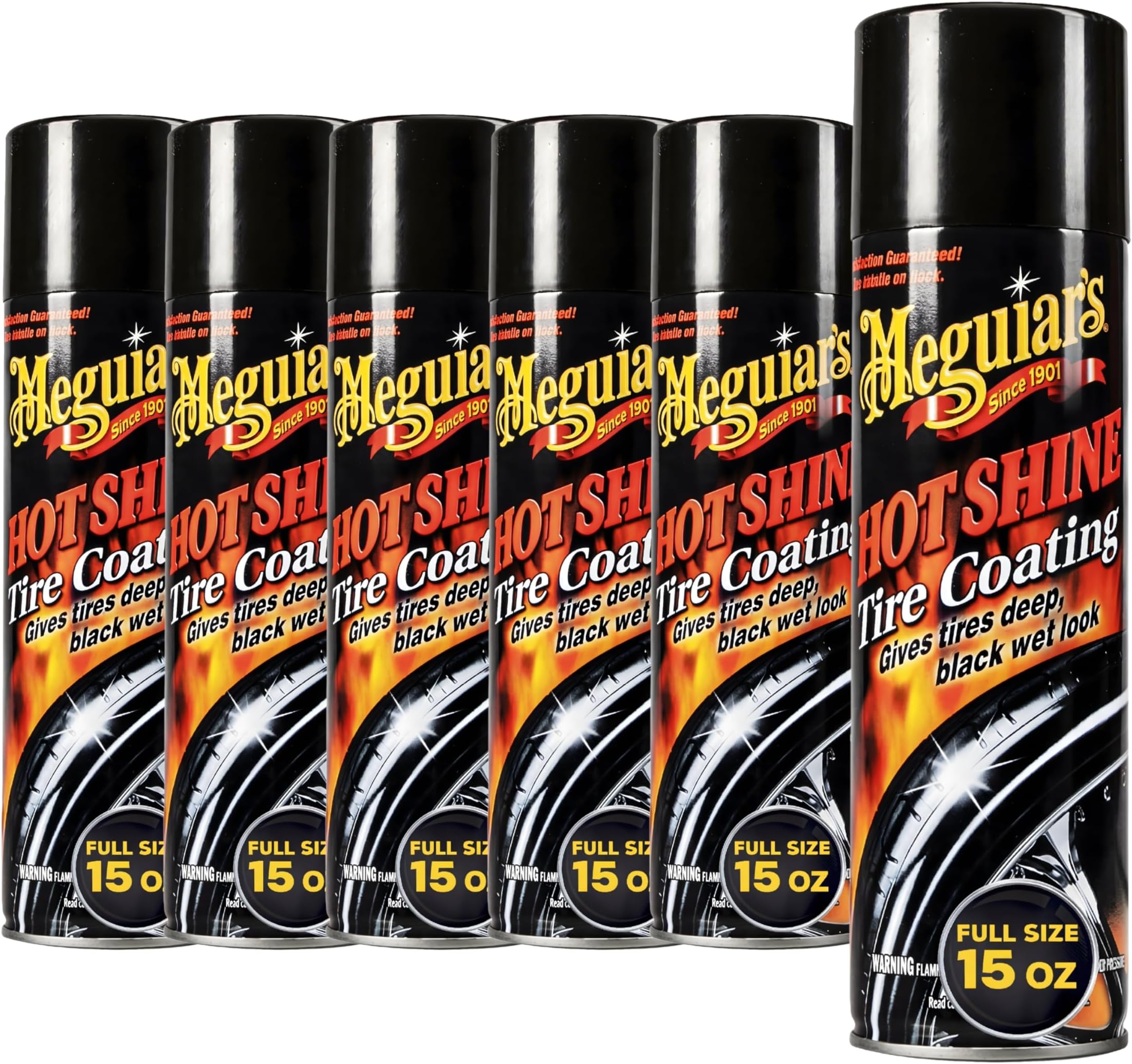 Hot Shine High Gloss Tire Coating, 6 Pack (6 x 15 oz = 90 oz Total) Aerosol Tire Shine Spray for Deep Black Wet Look Tires on Cars Trucks and SUVs After Car Wash Detailing
