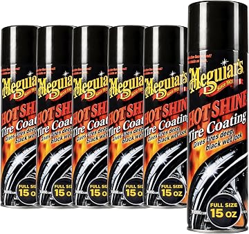 Meguiar's Hot Shine High Gloss Tire Coating, 6 Pack (6 x 15 oz = 90 oz Total) Aerosol Tire Shine Spray for Deep Black Wet Look Tires on Cars Trucks and SUVs After Car Wash Detailing