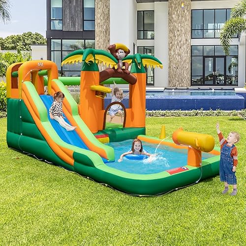 Miniatura 2 de BOUNTECH Tobogán acuático inflable, castillo de salto de parque acuático para niños con tobogán largo, piscina de salpicaduras, toboganes acuáticos