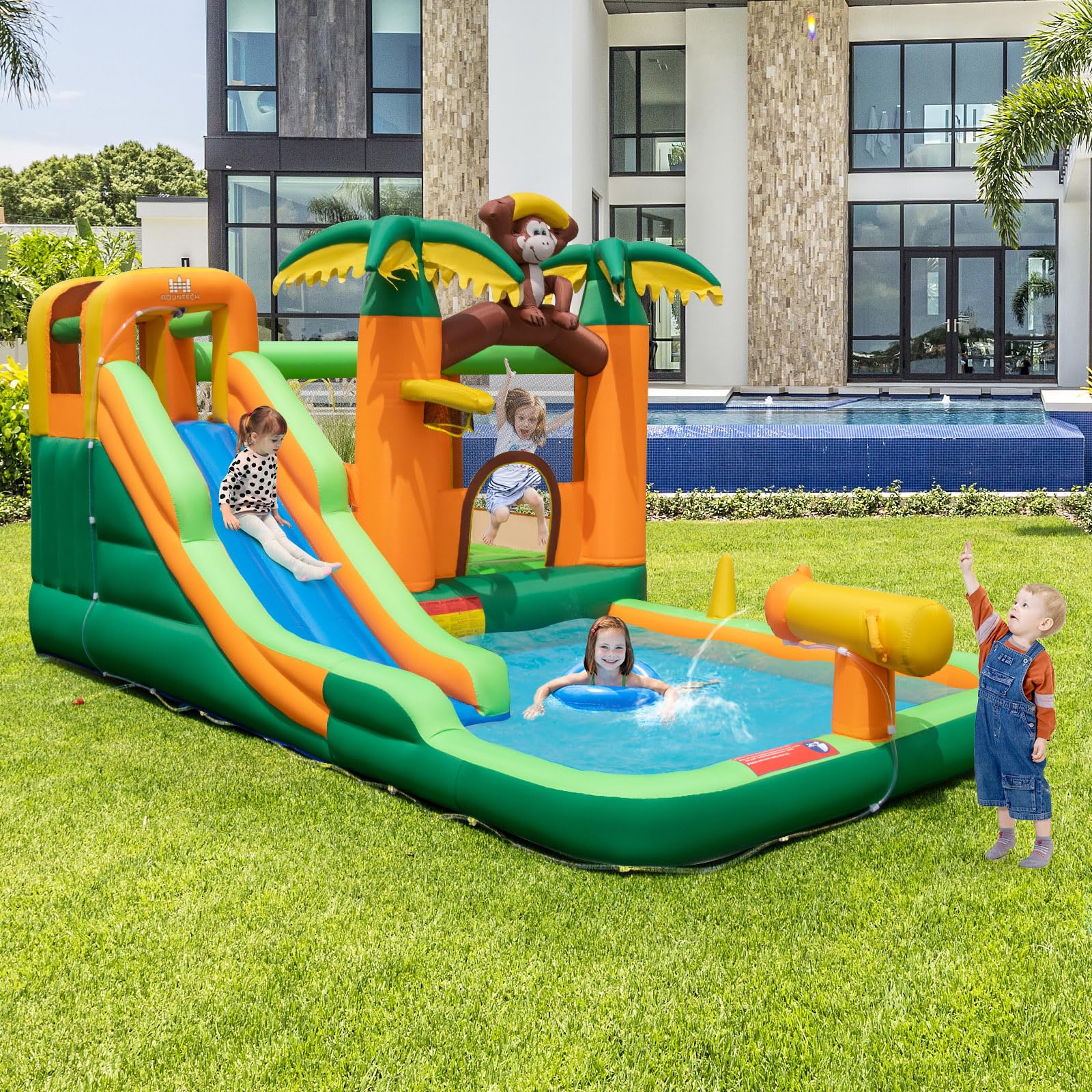 BOUNTECH Inflatable Water Slide, Jungle Kids Water Park Jump Castle with  Long Slide, Big Splash Pool, Water Slides Inflatables for Kids, Blow up